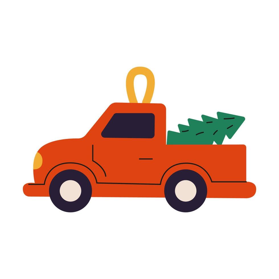 Bright orange truck hauling a Christmas tree ornament during the holiday season vector