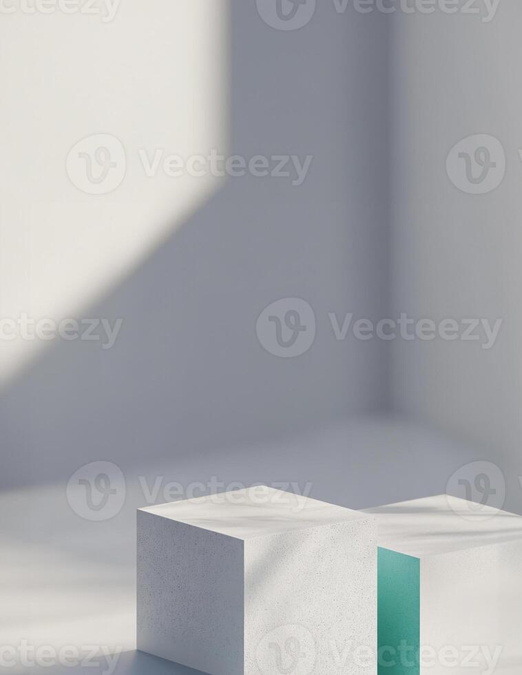 Three white cubes on a table with a blue square photo