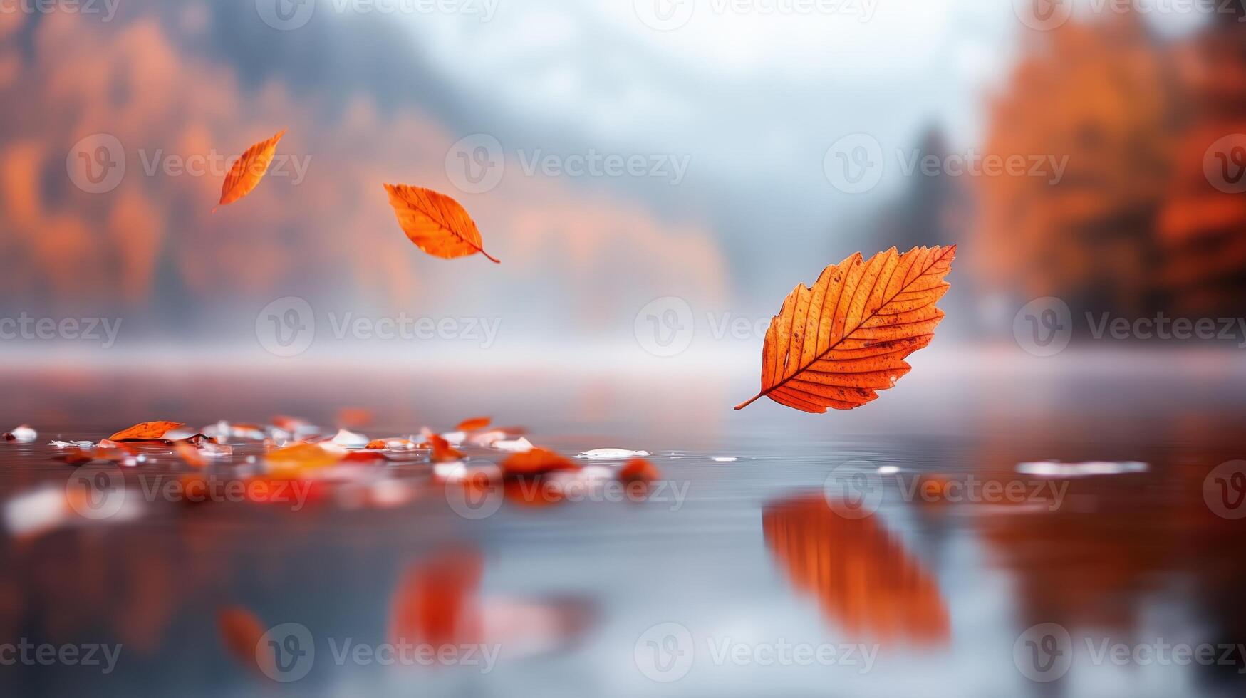 Scenic autumn landscape featuring floating orange leaves on a serene lake, surrounded by misty mountains, creating a tranquil and picturesque natural atmosphere. photo