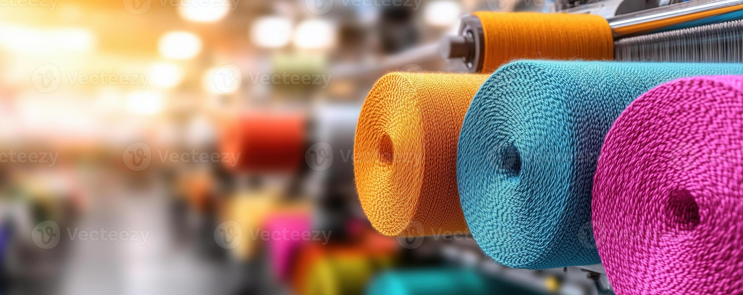 Colorful spools of thread displayed in a manufacturing workshop, showcasing vibrant hues and textures, symbolizing creativity and craftsmanship in textile production. photo