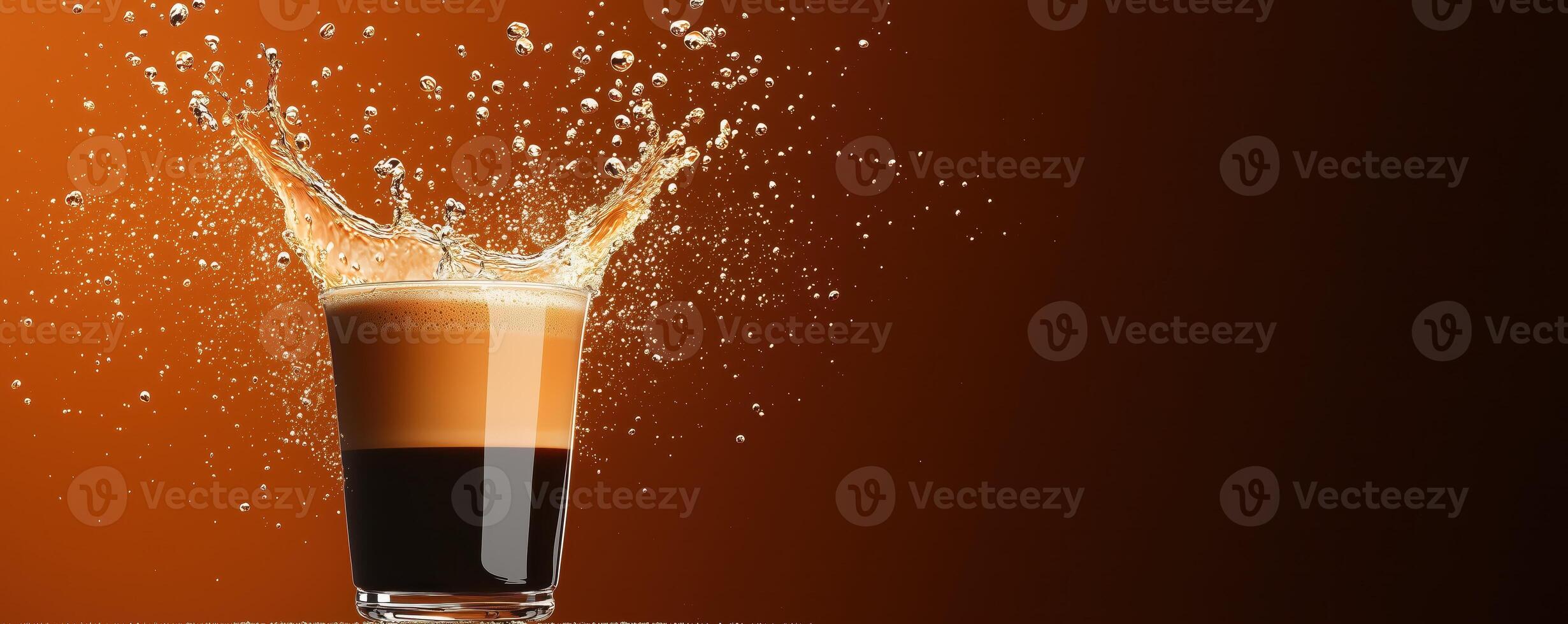 A dynamic splash of coffee in a glass against a rich, warm background, capturing the essence of energy and refreshment. Perfect for coffee lovers and beverage enthusiasts. photo