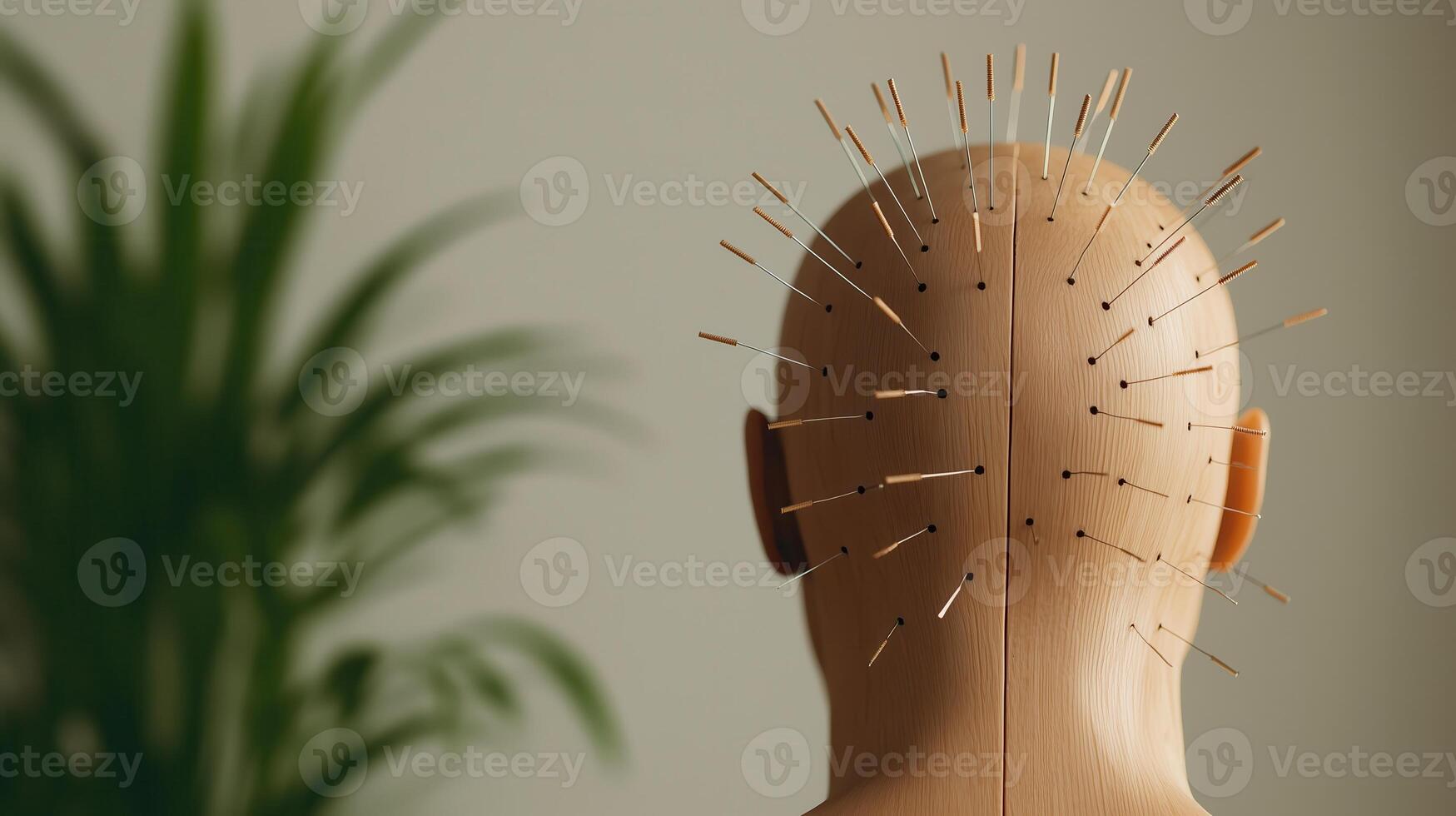 A focused view of a mannequin head with acupuncture needles positioned on the scalp, representing traditional healing methods in a serene, plant-filled environment. photo