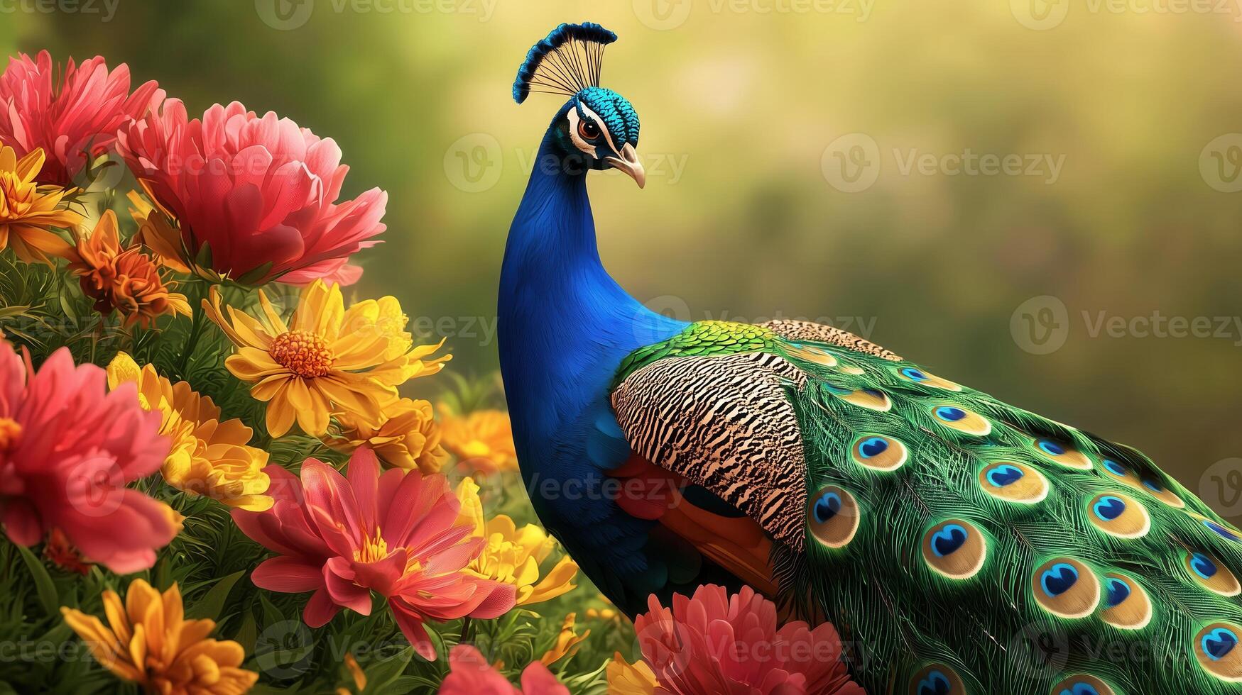 A vibrant peacock displaying its colorful feathers amidst blooming flowers, showcasing nature's beauty in a serene environment. photo
