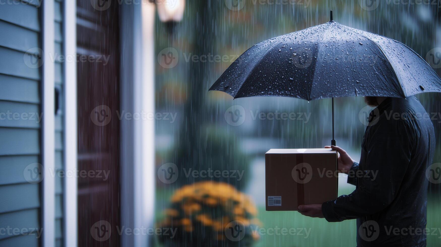 A person holding a delivery package under a black umbrella while standing at the door during a rainy day, creating a cozy and relatable atmosphere of home delivery. photo