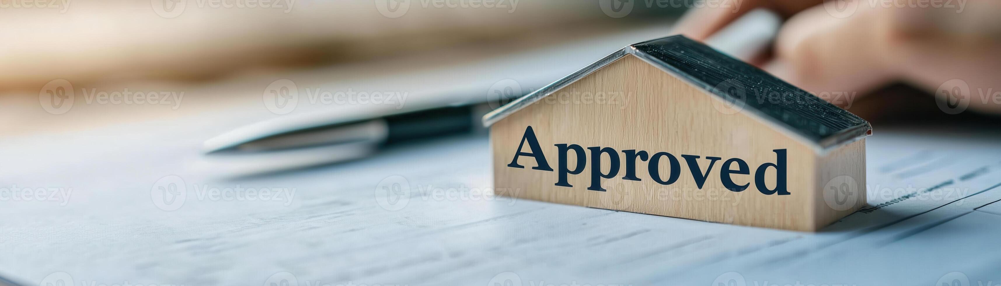 A close-up view of a wooden stamp marked 'Approved' resting on a document, symbolizing successful completion and validation in business processes. photo