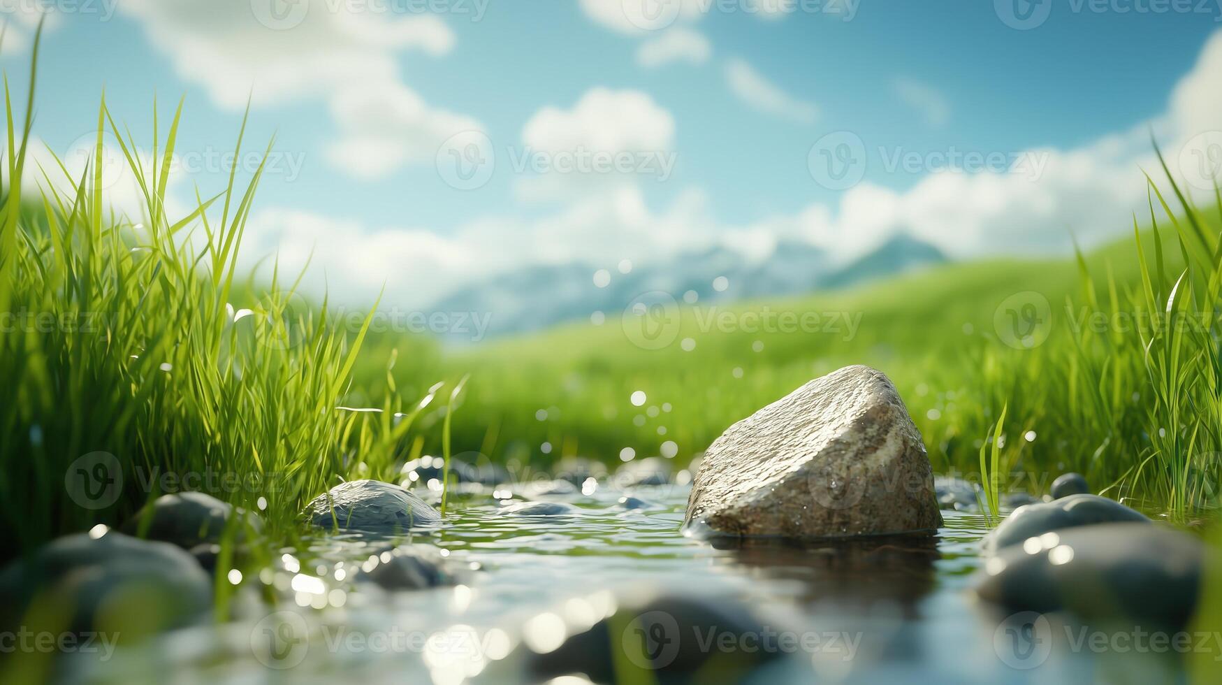 A serene landscape featuring a clear stream flowing over smooth stones, surrounded by vibrant green grass and distant mountains under a bright blue sky with fluffy clouds. photo