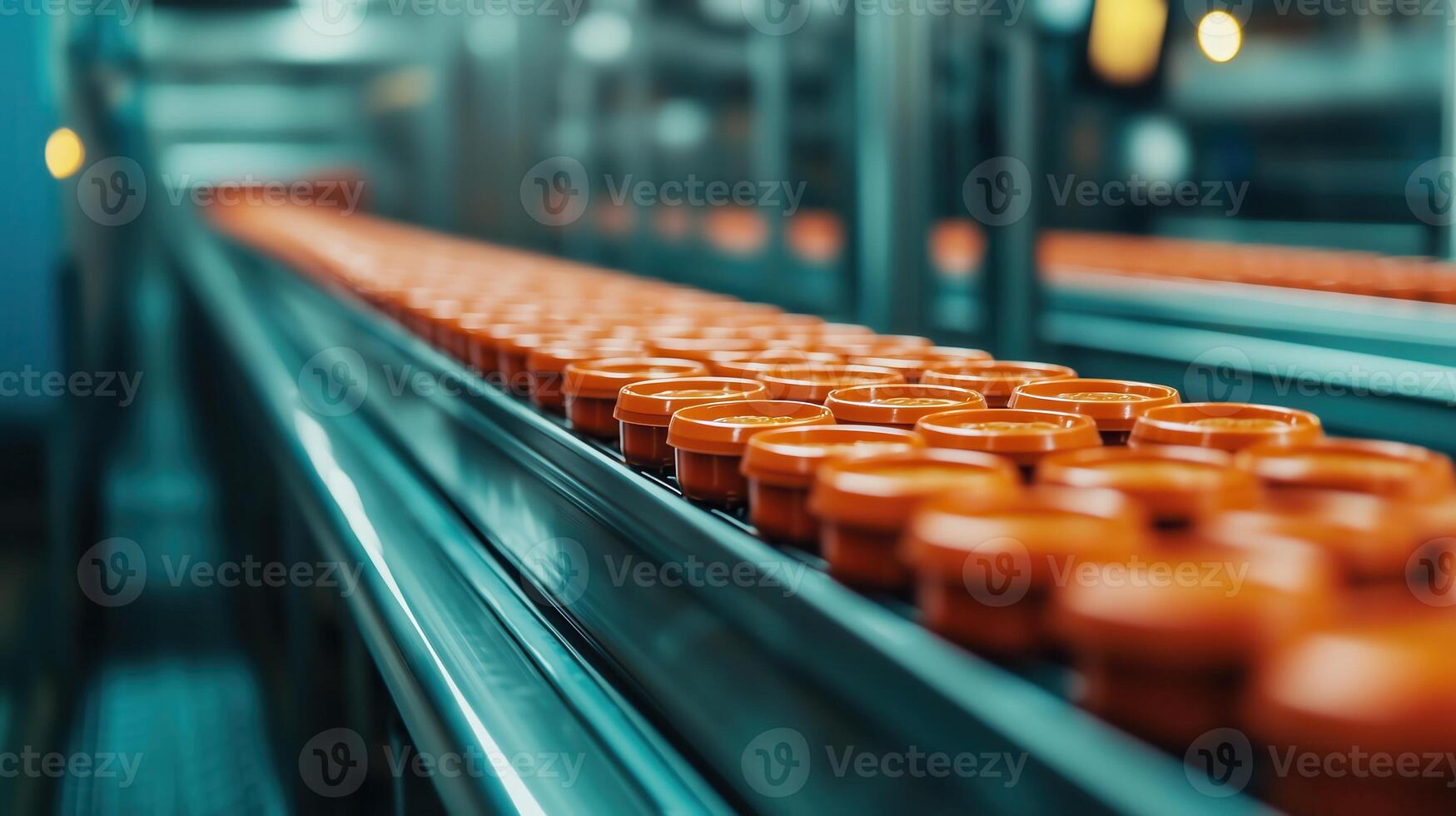 Close-up of an automated production line with orange caps moving along the conveyor belt, showcasing modern manufacturing efficiency in a factory setting. photo