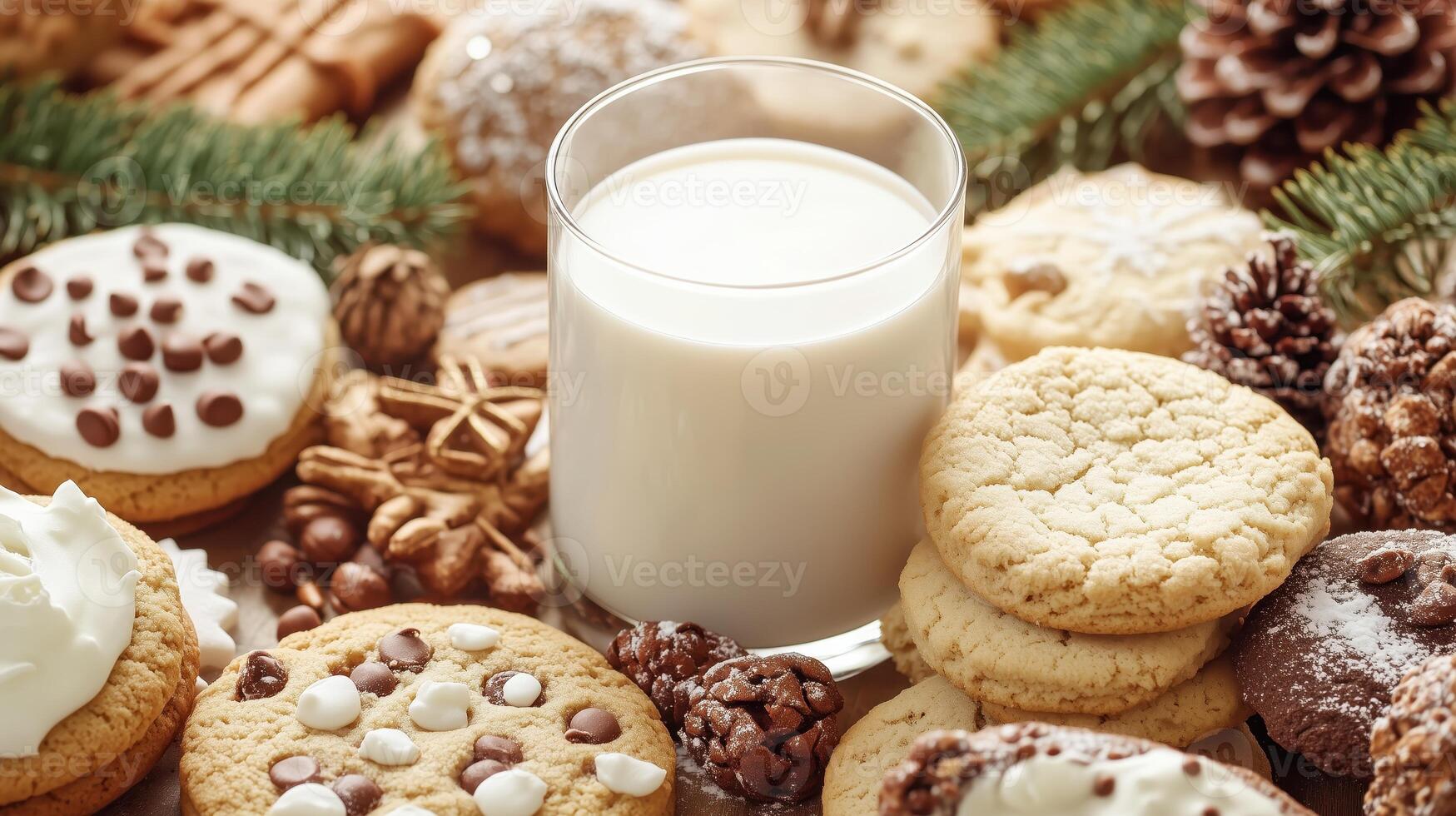 Delicious assortment of cookies surrounded by pine cones and a glass of milk, ideal for festive gatherings. photo
