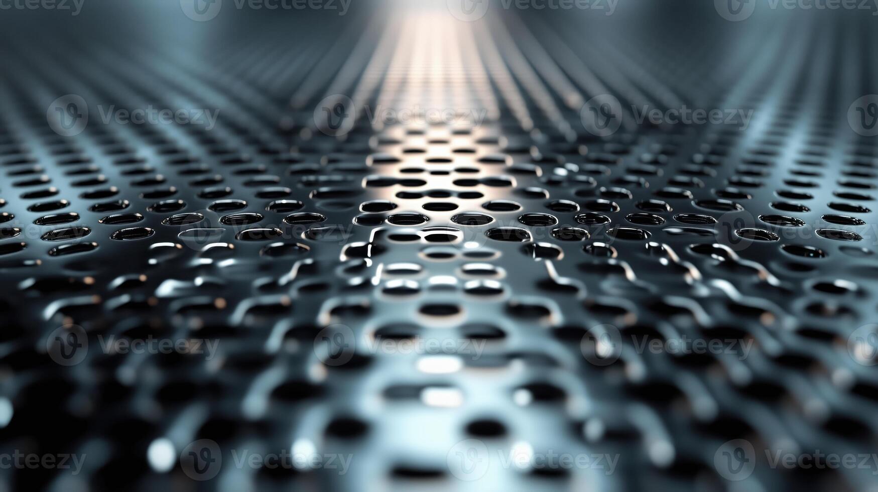 Close-up of a metallic surface with perforated holes, reflecting light, showcasing texture and depth. photo