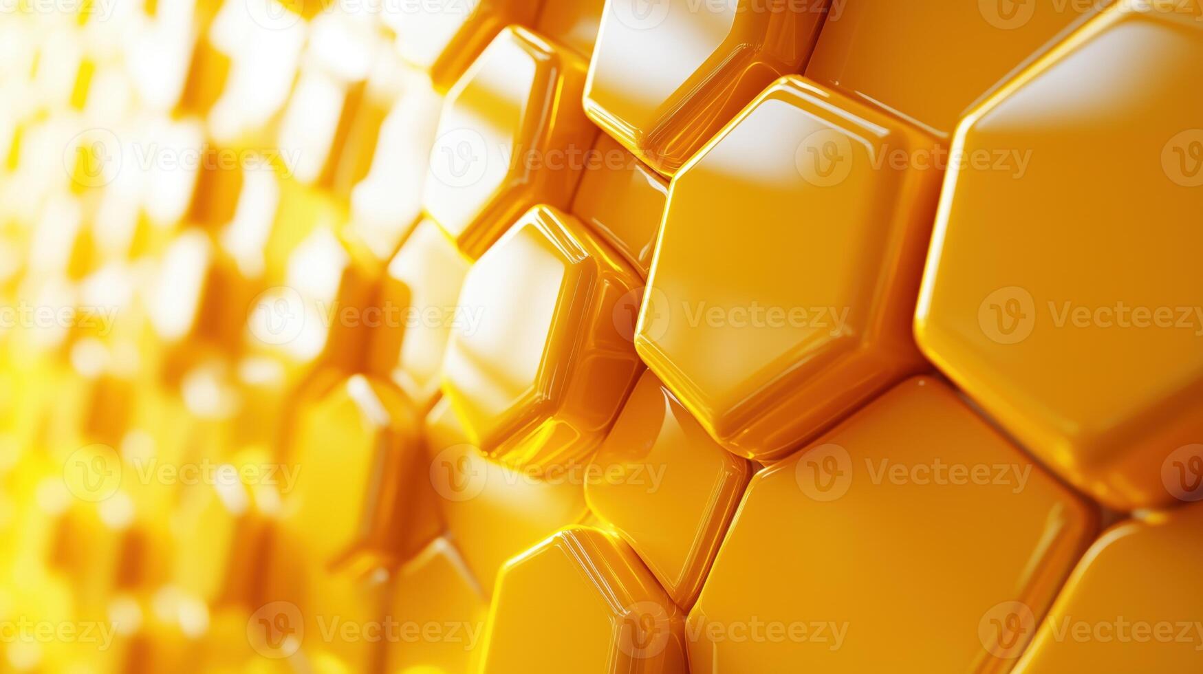 Close-up of vibrant yellow honeycomb pattern, showing the intricate hexagonal shapes and textures of honey cells. photo