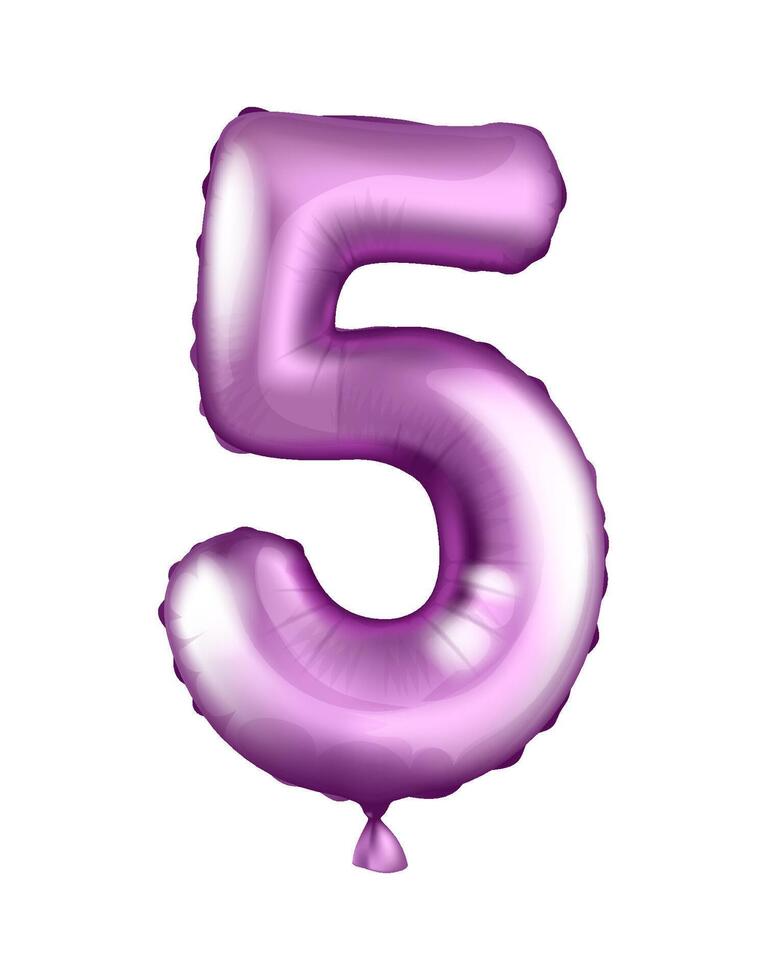 Foil and latex balloon. Number 5. Helium balloon, purple. Realistic illustration for holiday, birthday, festival vector