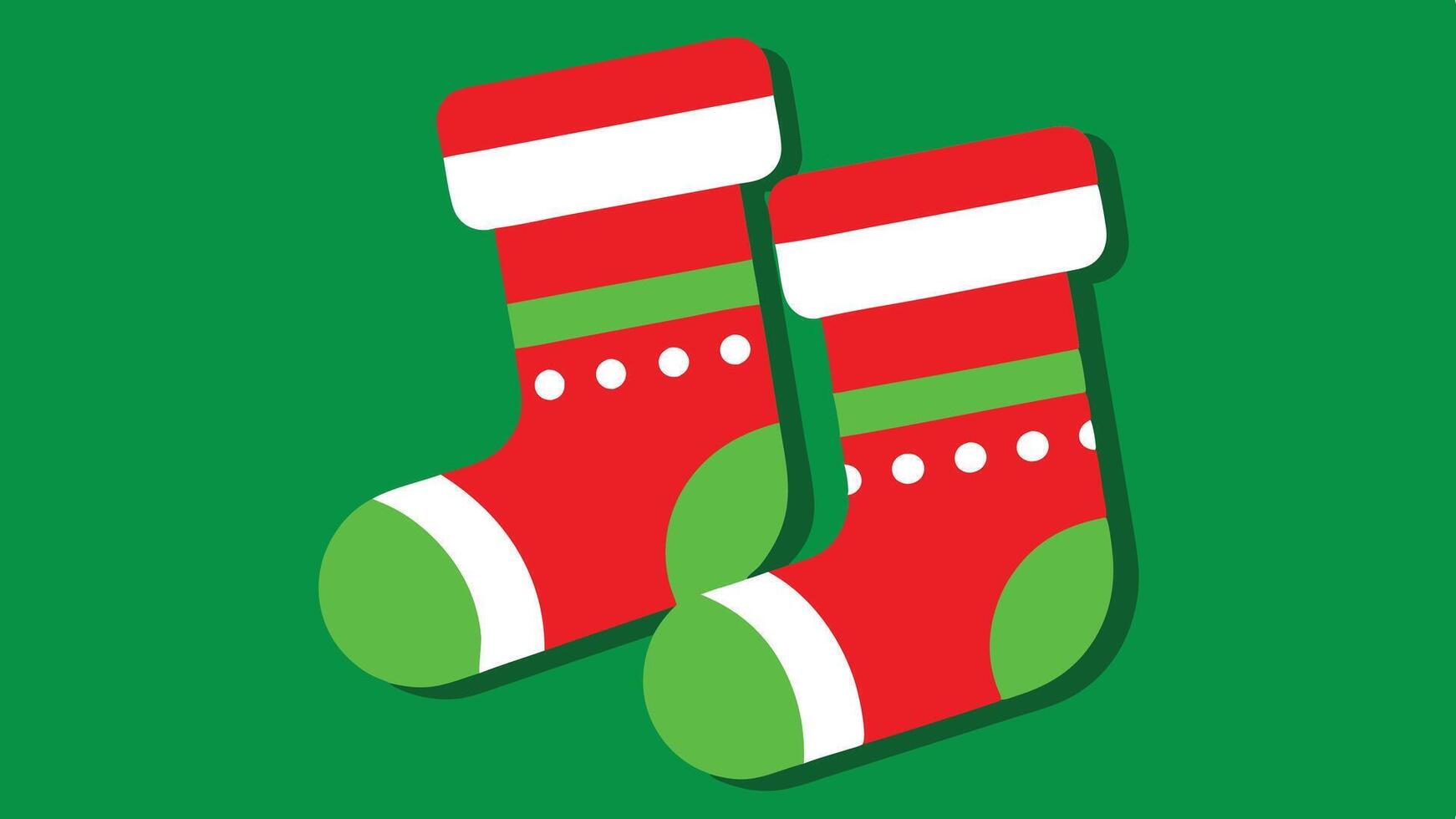 Brightly colored Christmas stockings adorned with green and white details resting on a festive green background, perfect for holiday cheer and decoration ideas vector