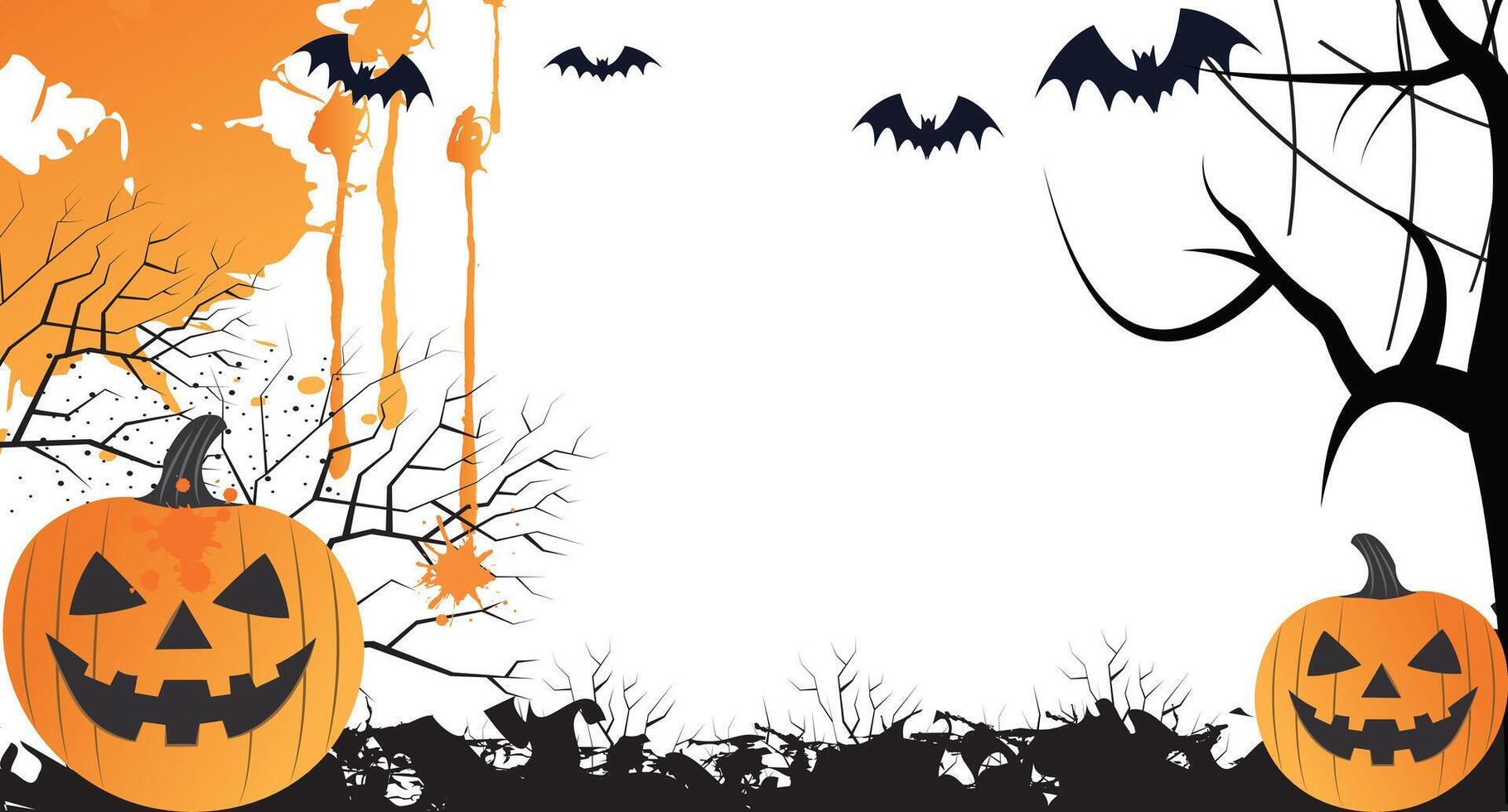 Spooky Halloween Scene with Pumpkins, Bats, and Bare Trees vector