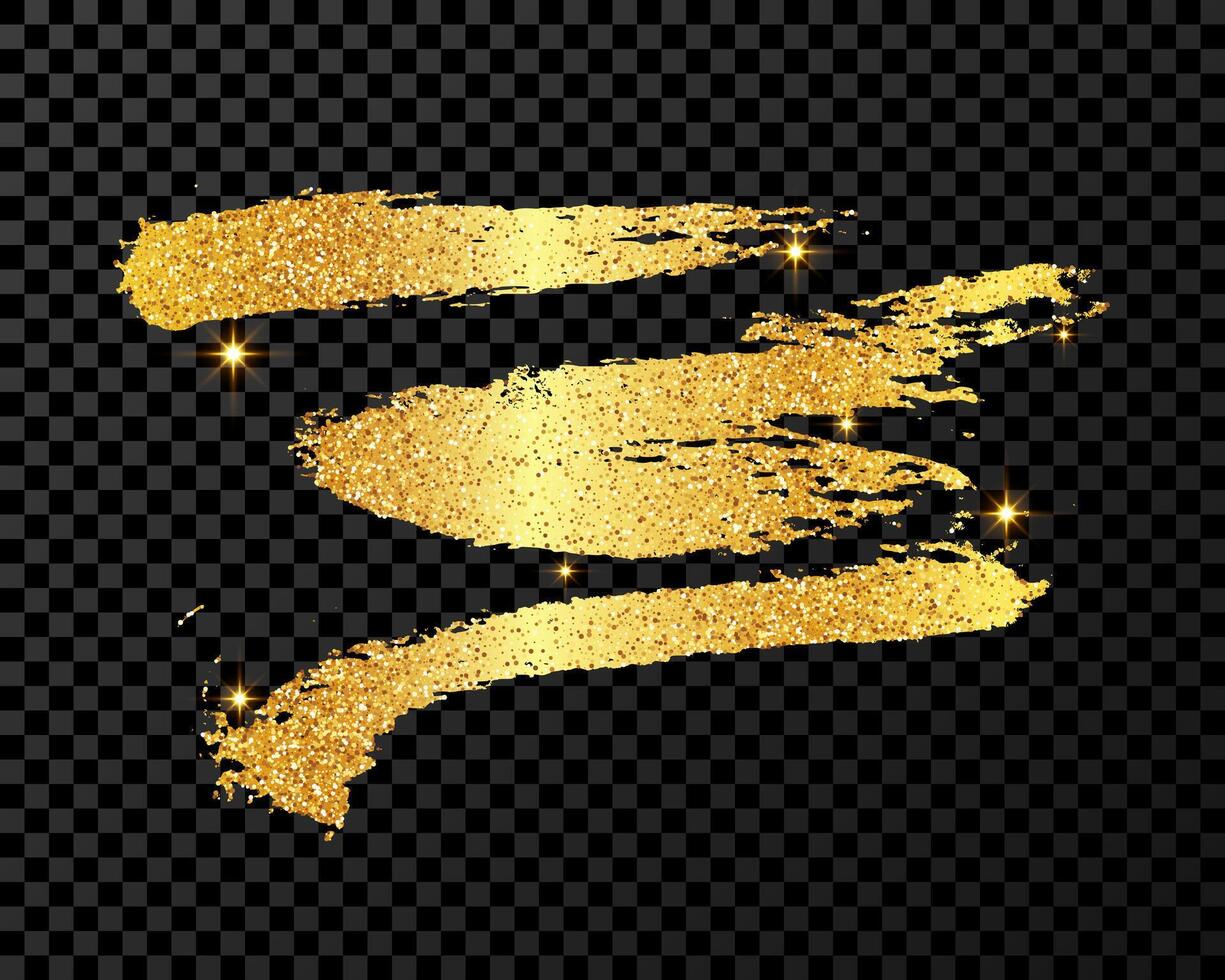 Gold glitter brush stroke. Hand drawn ink spot isolated on dark background. illustration vector