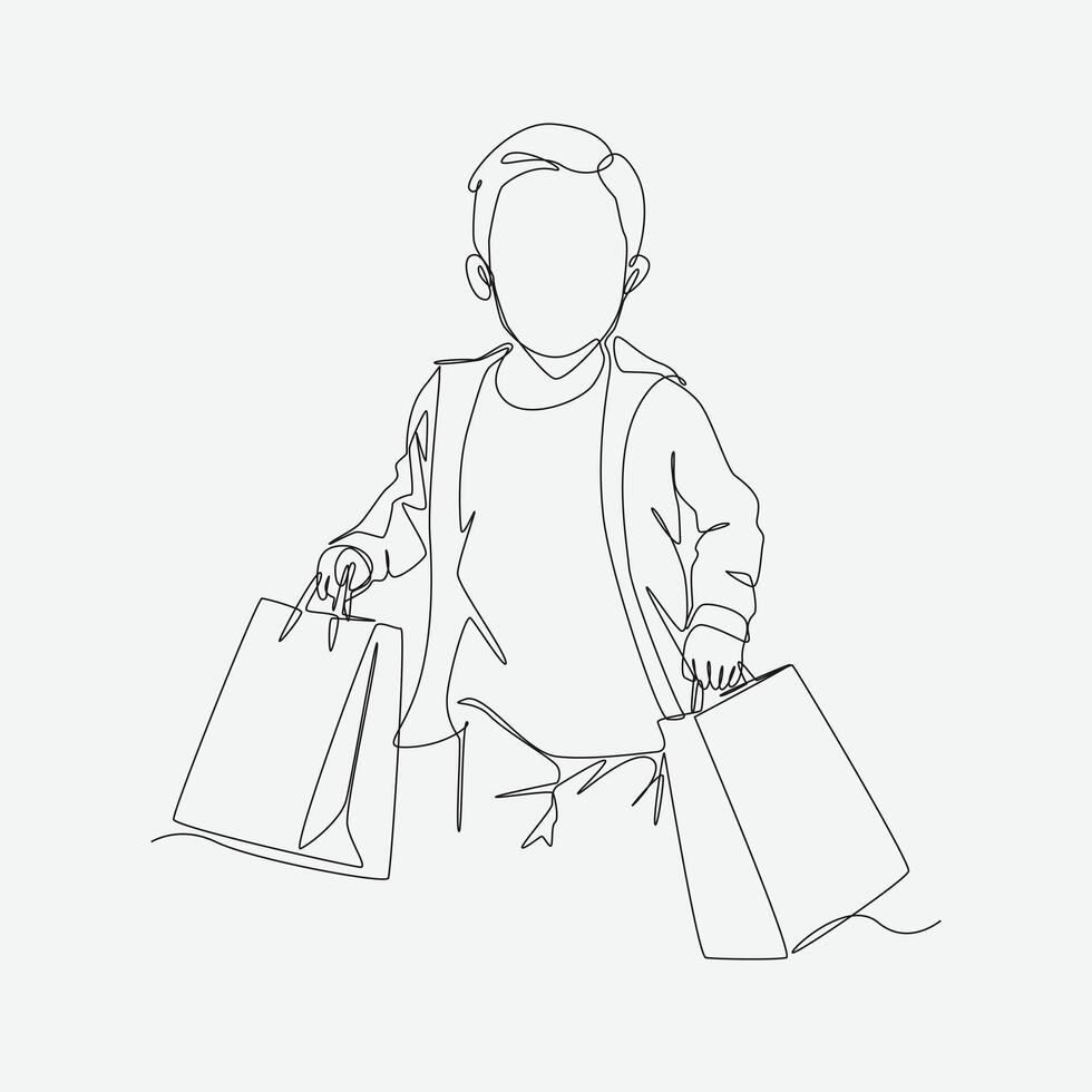 Continuous single one line drawing of little boy holding many shopping bags. Enjoying shopping. Editable line illustration. vector