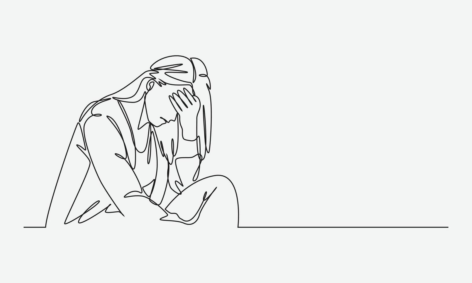 Illustration of a woman crying, sad, depressed. Female covering her face with her hand. Continuous one line drawing style. vector