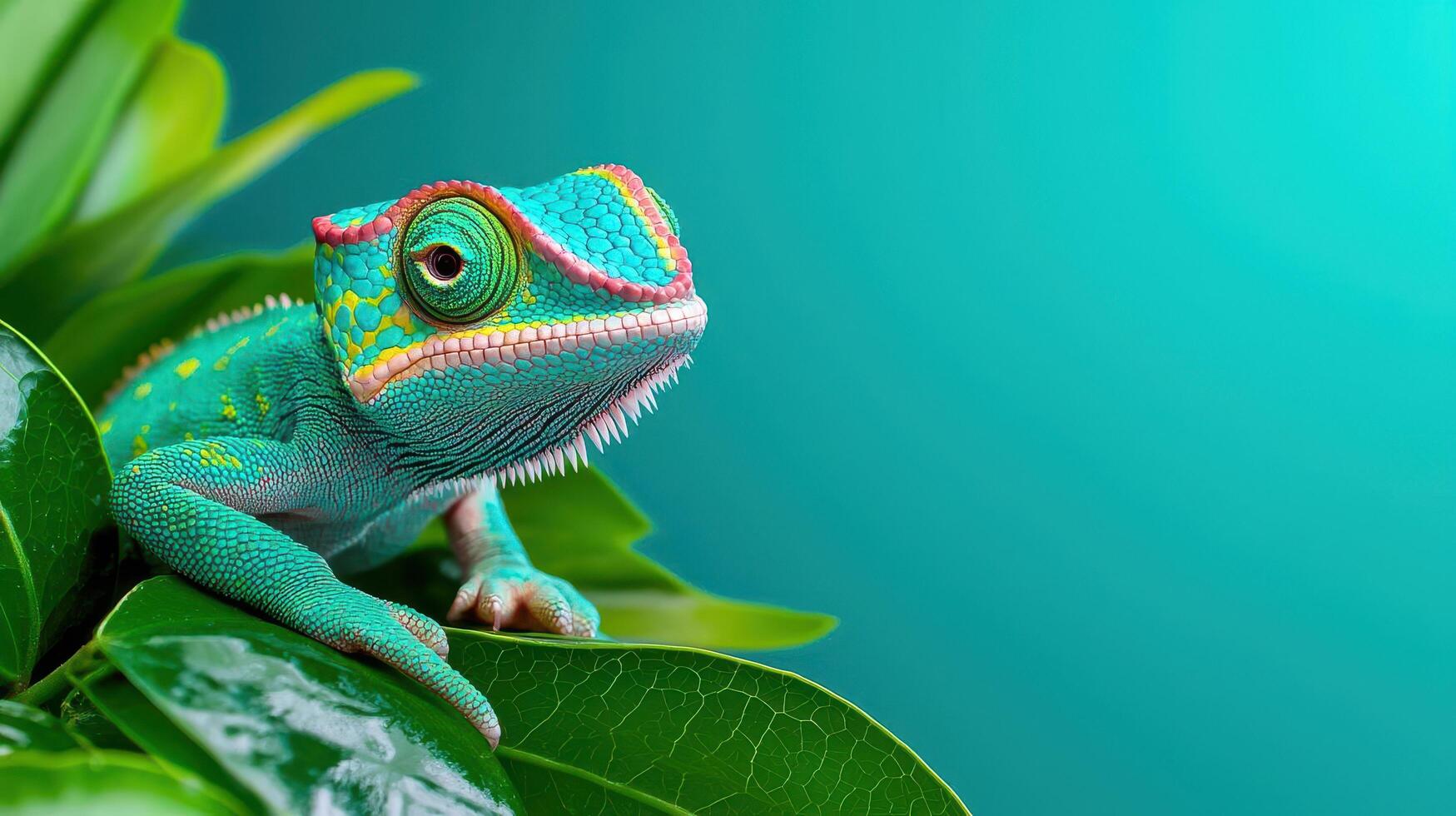 A colorful chameleon lizard on a green leaf photo