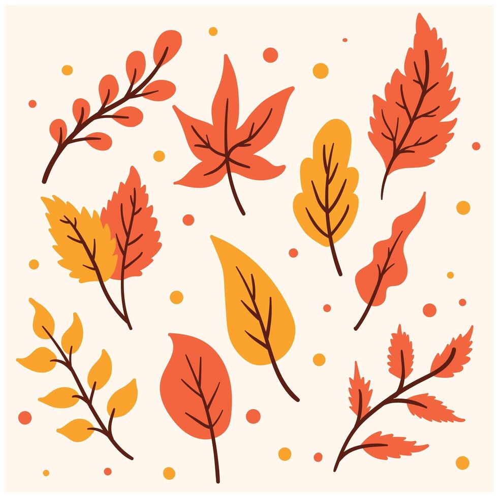Set of different autumn leaves and twigs with background cream vector