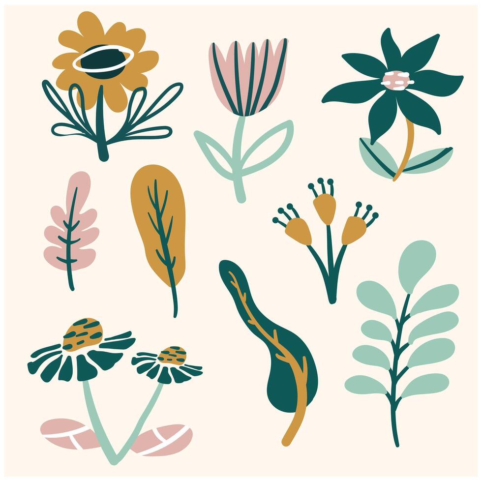 flowers and leaves in With illustration style doodle and line art vector