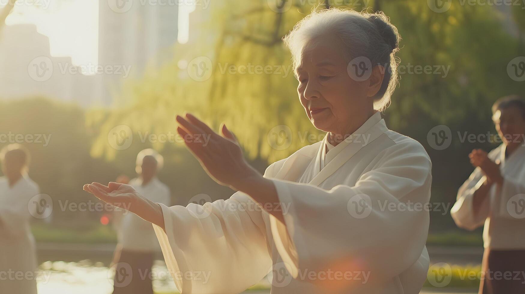 Elderly Woman Practicing Tai Chi in a Park photo
