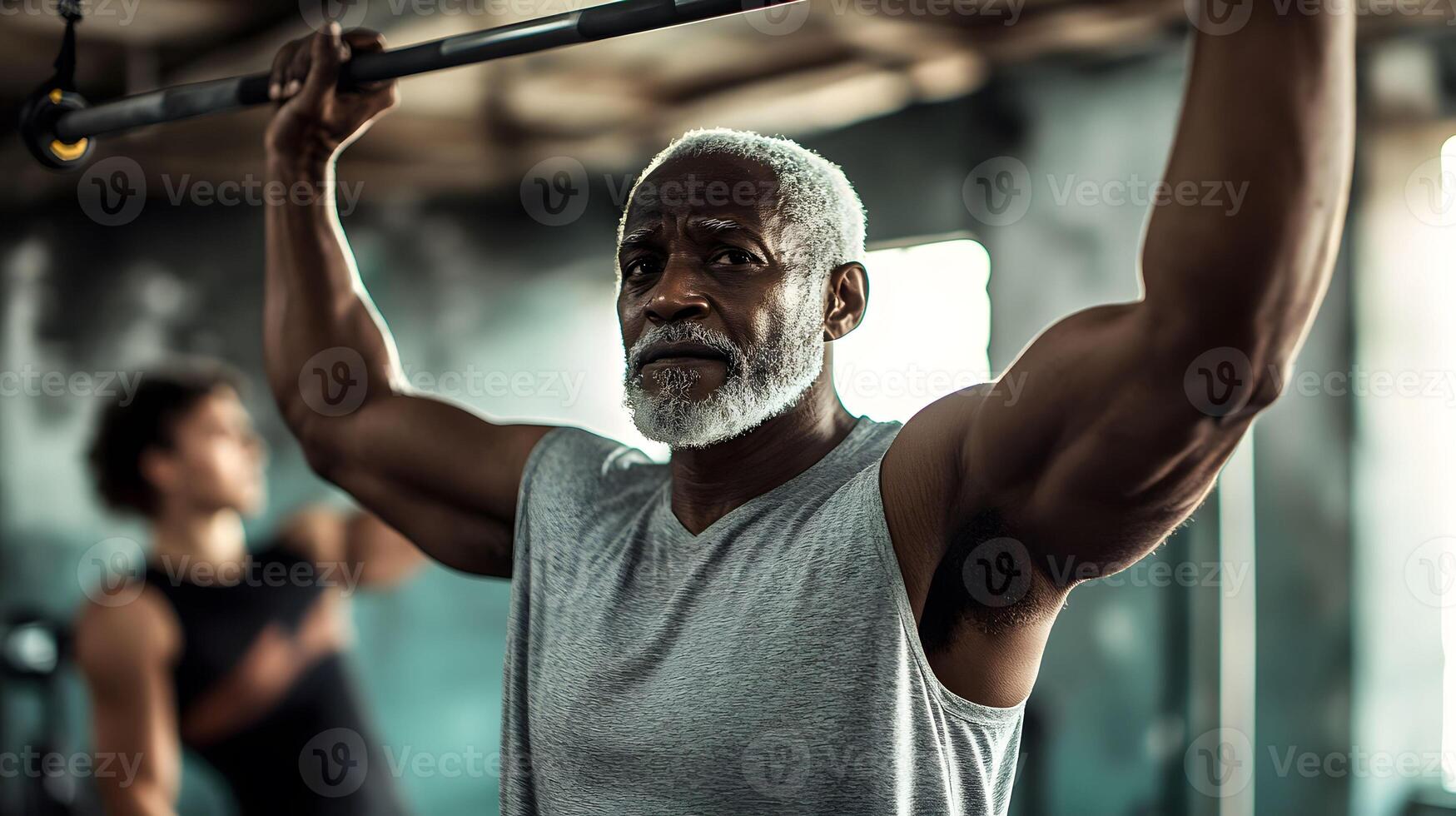 Senior Man Lifting Weights, Working Out in Gym photo