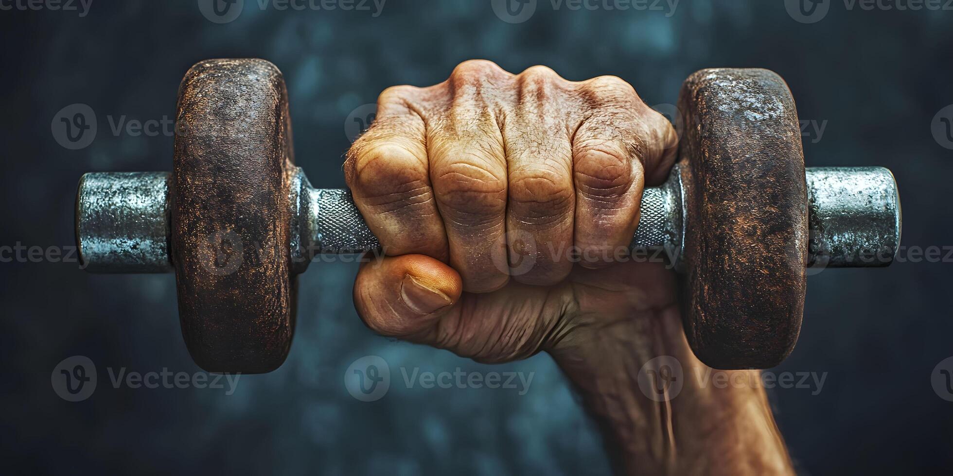 Close-up of a Hand Gripping a Rusted Dumbbell photo