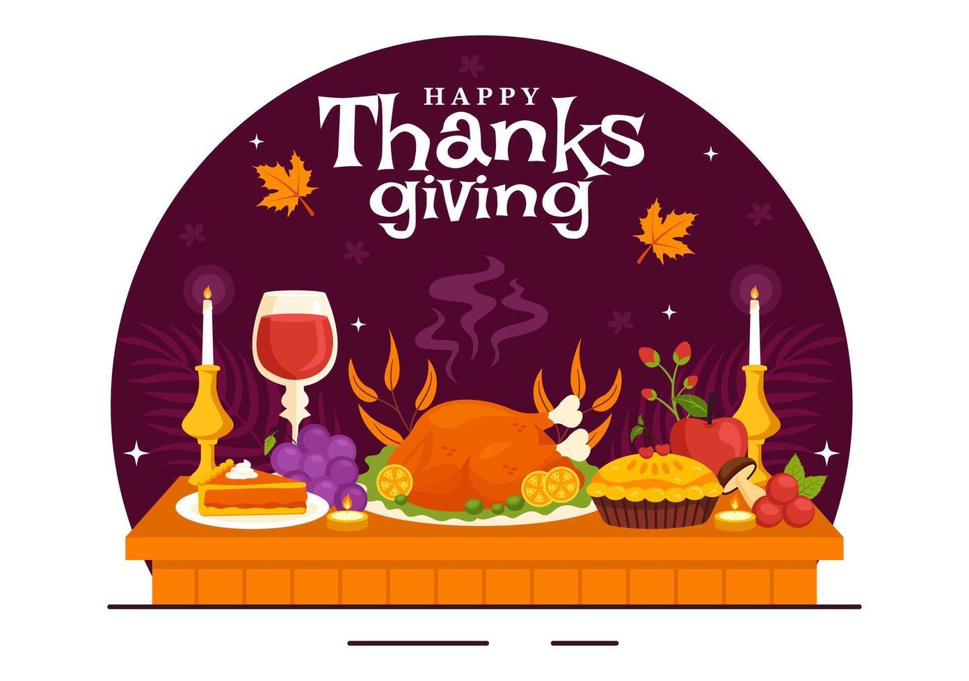 Thanksgiving Holiday Illustration with Turkey, Pie, Corn, and Leaves in Flat Style Cartoon Background vector