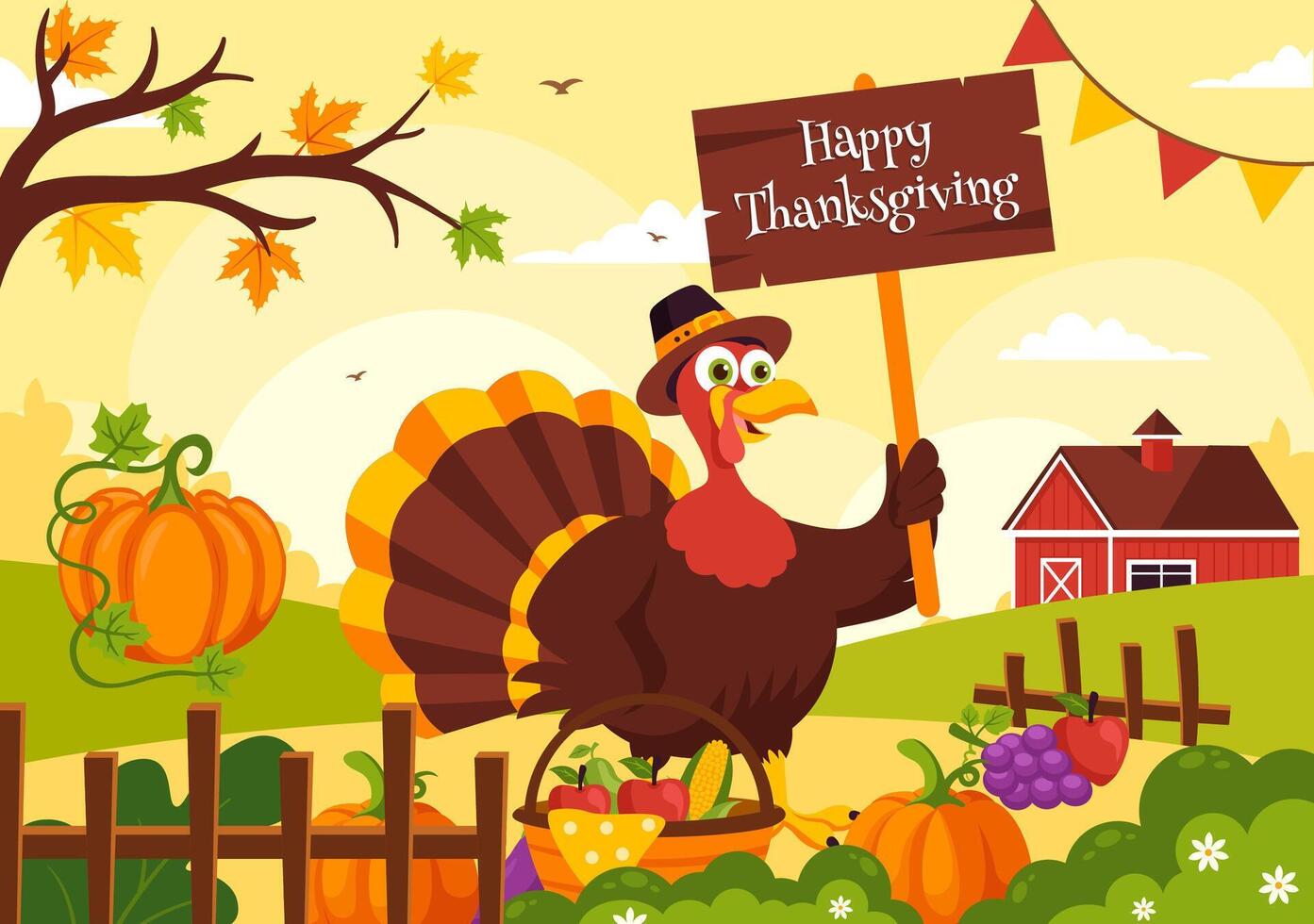 Happy Thanksgiving Illustration with Pumpkin, Cornucopia, and Autumn Leaves in a Flat Style Cartoon Background vector
