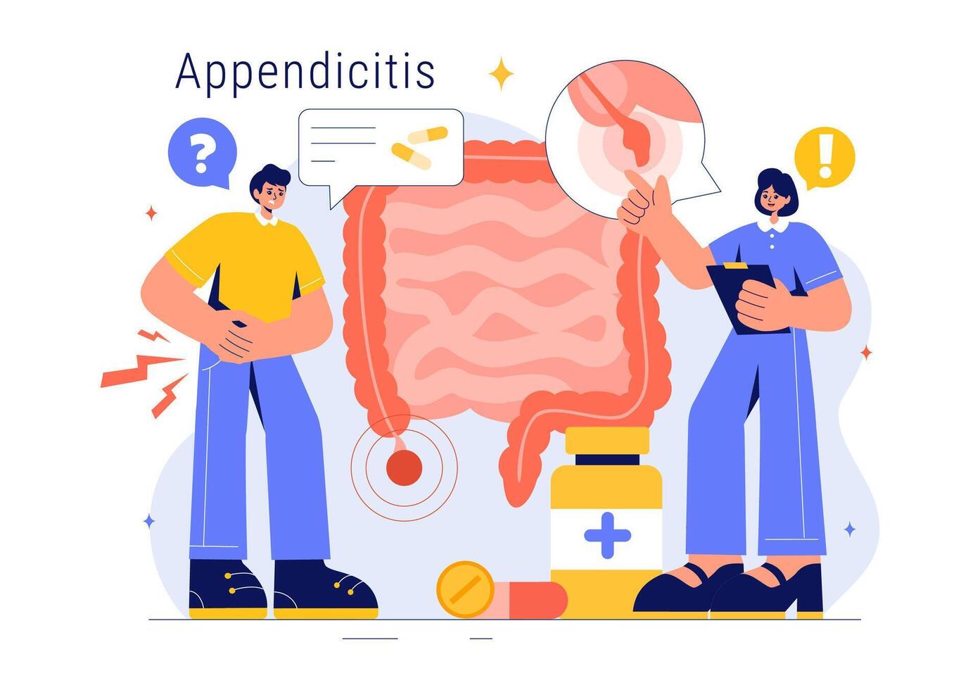Medical Illustration of Appendicitis and Stomach Pain Diagnosis in a Flat Healthcare Cartoon Background vector