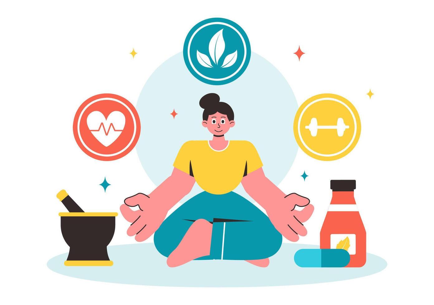 Natural Alternative Healing with Herbal Therapies Featuring Ginseng, Oils, and Seeds in Flat Design vector