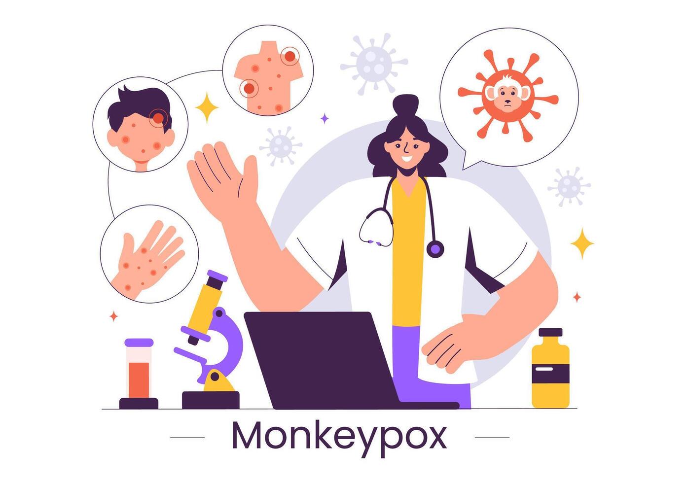 Illustration of Monkeypox Virus Symptoms in Humans with Microbiological Elements vector