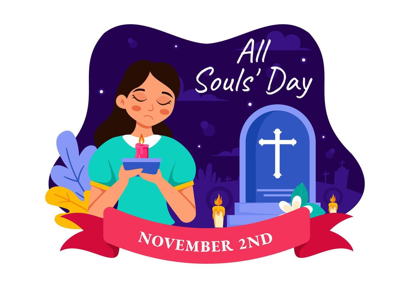 Commemorating the Souls of Departed Christians on All Souls' Day with Candles in a Flat Cartoon Background vector