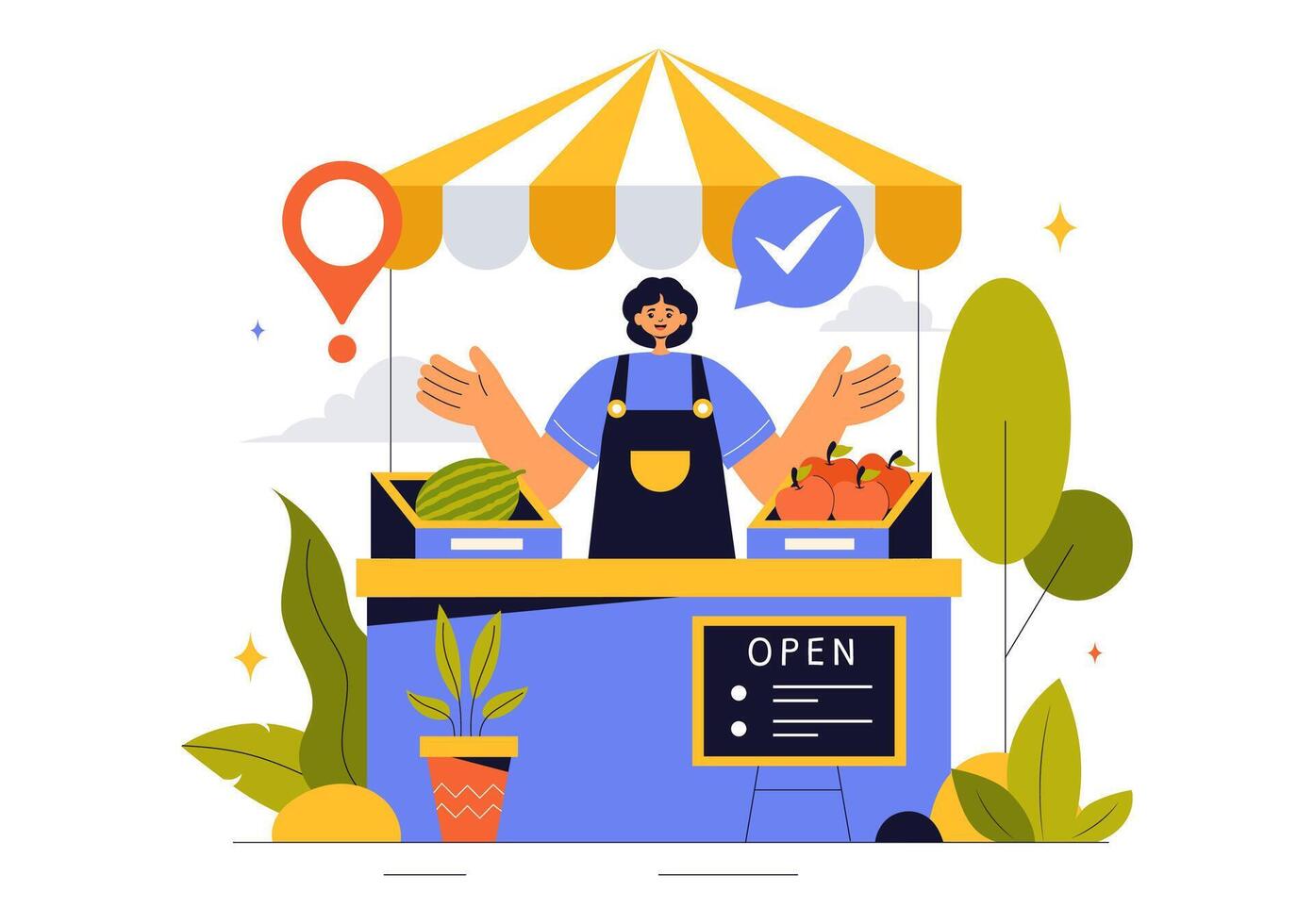 Illustration of Diverse Small Businesses, Including Online Retailers and Food Trucks, in Flat Design vector