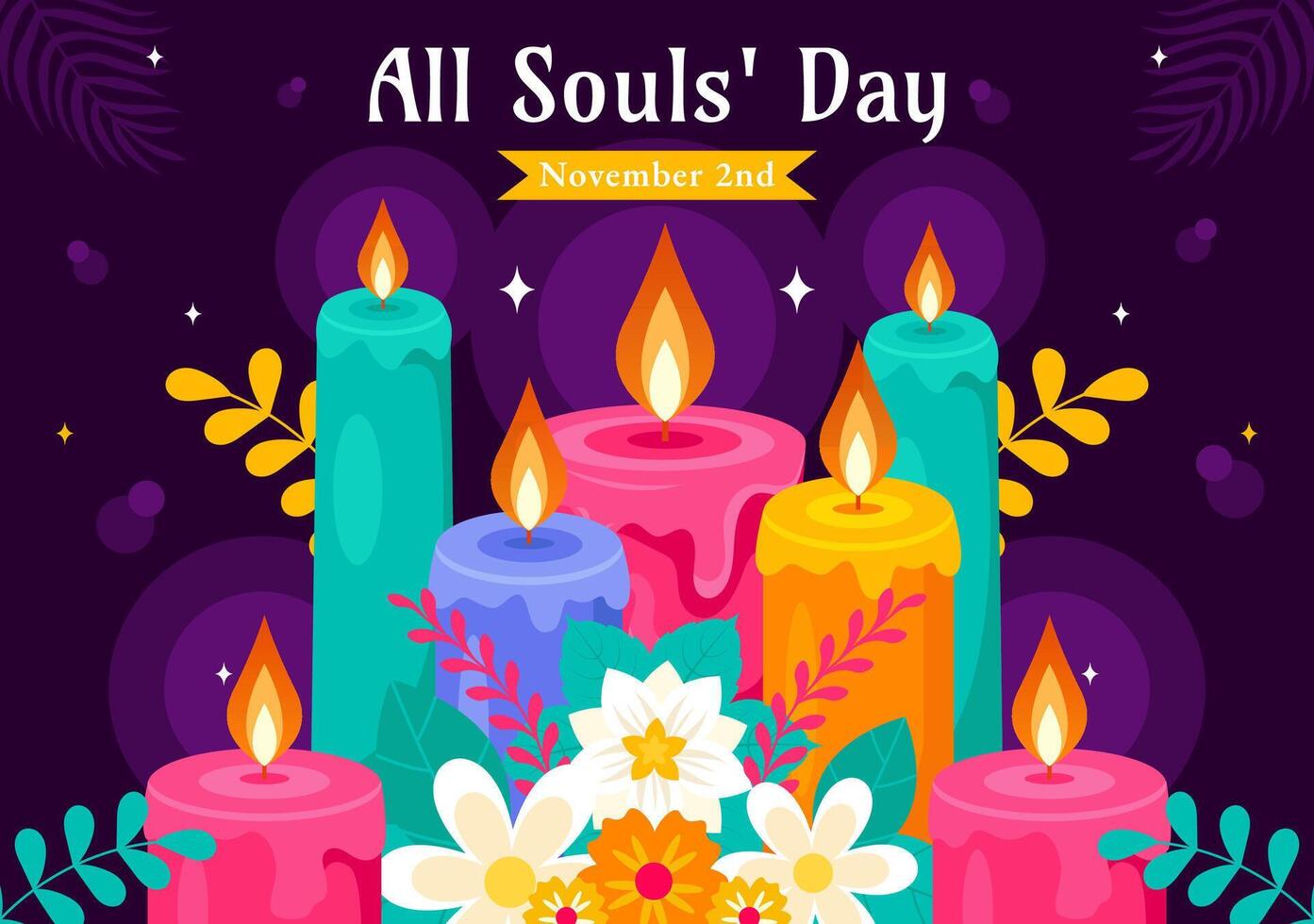 Illustration for All Souls' Day with a Tribute to Deceased Believers and Candlelight in a Flat Cartoon Background vector