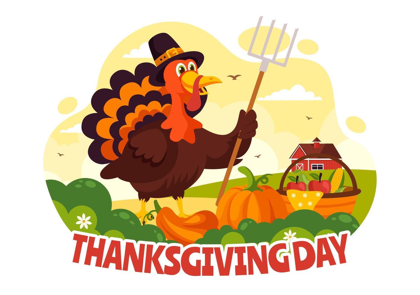 Thanksgiving Greeting Card Illustration with Turkey, Pumpkins, and Autumn Elements in a Flat Style Cartoon Background vector