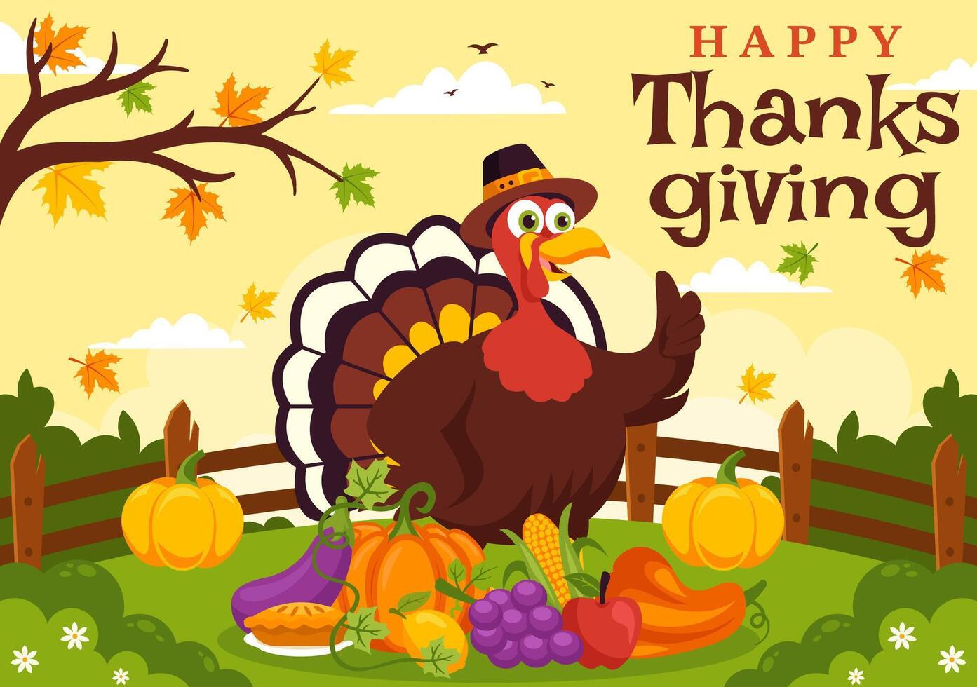Thanksgiving Feast Illustration with Turkey, Pumpkin, Corn, and Other Harvest Elements in a Flat Style Cartoon Background vector