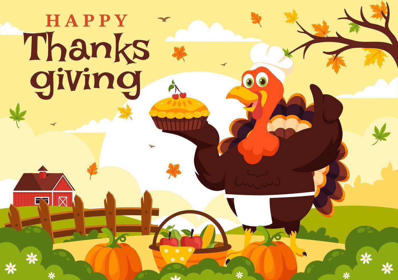 Flat Style Illustration of Thanksgiving Day with Turkey, Pumpkin Pie, and Autumn Decorations vector