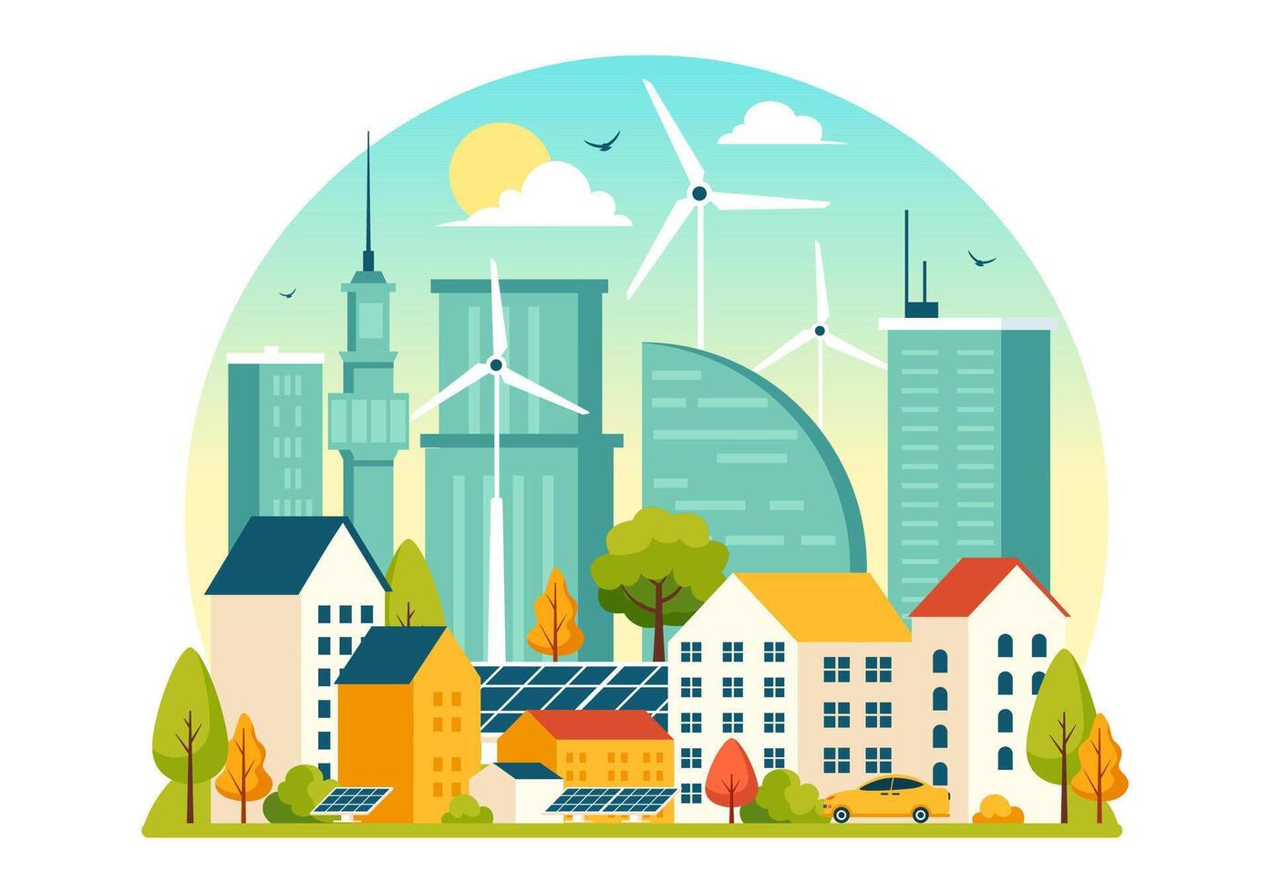 Sustainable City Energy Solutions Illustration with Solar Panels and Wind Turbines in a Modern Cityscape vector