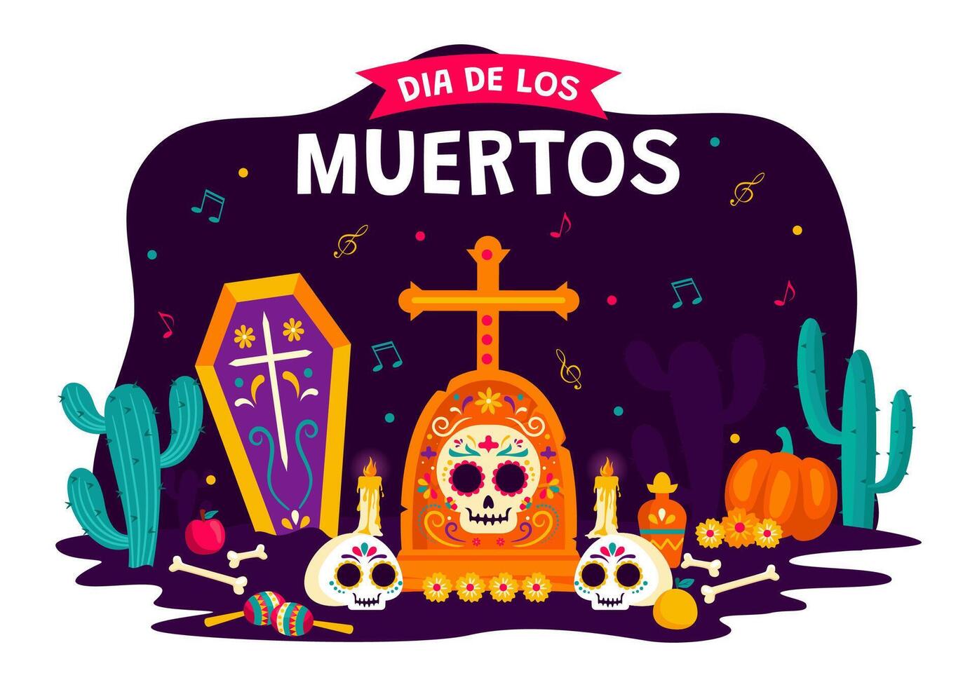 Mexican Day of the Dead Skeleton Musician with Traditional Sombrero and Outfit vector