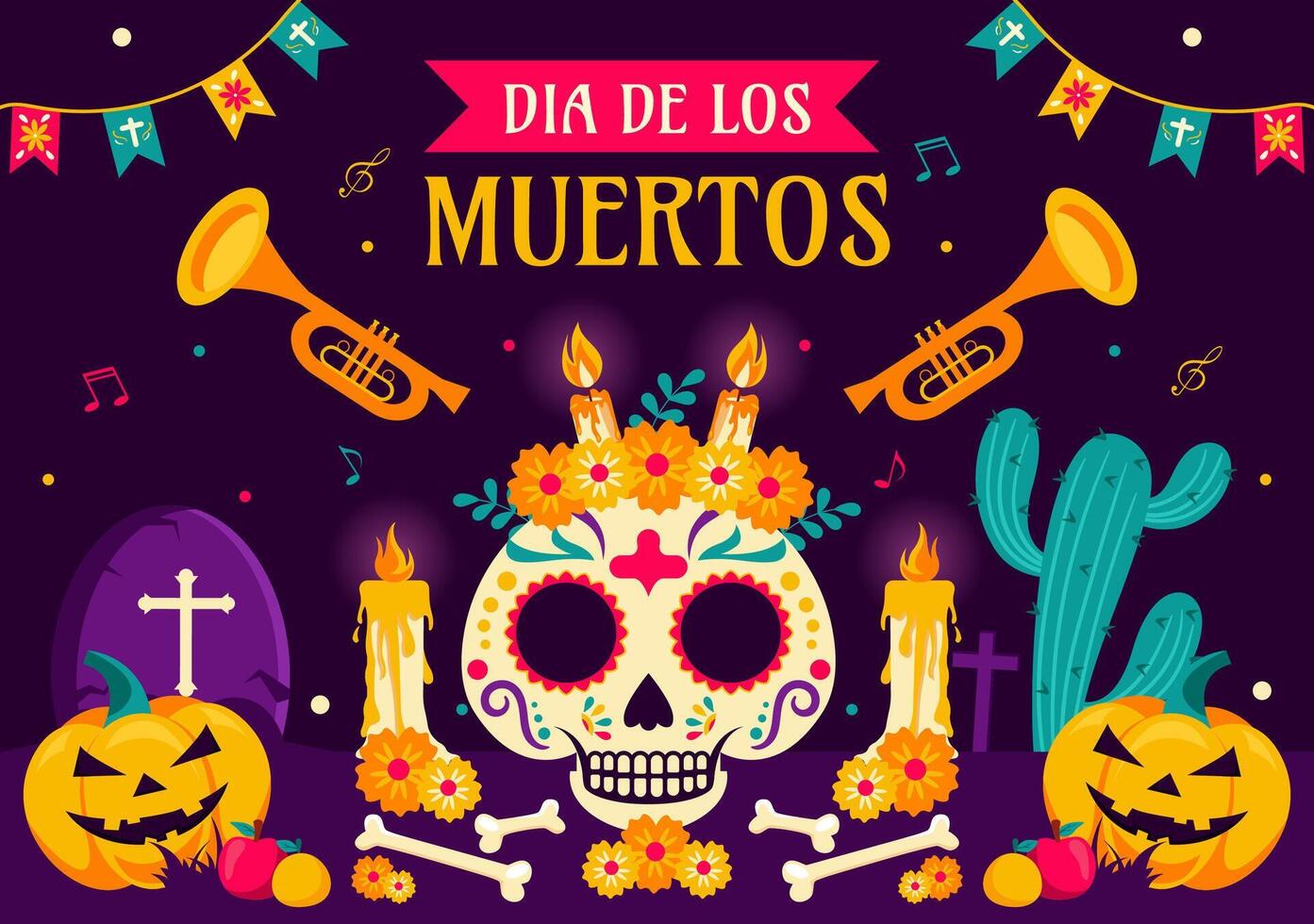 Dia de Los Muertos Skeleton with Mexican Attire and Sombrero Playing Music vector