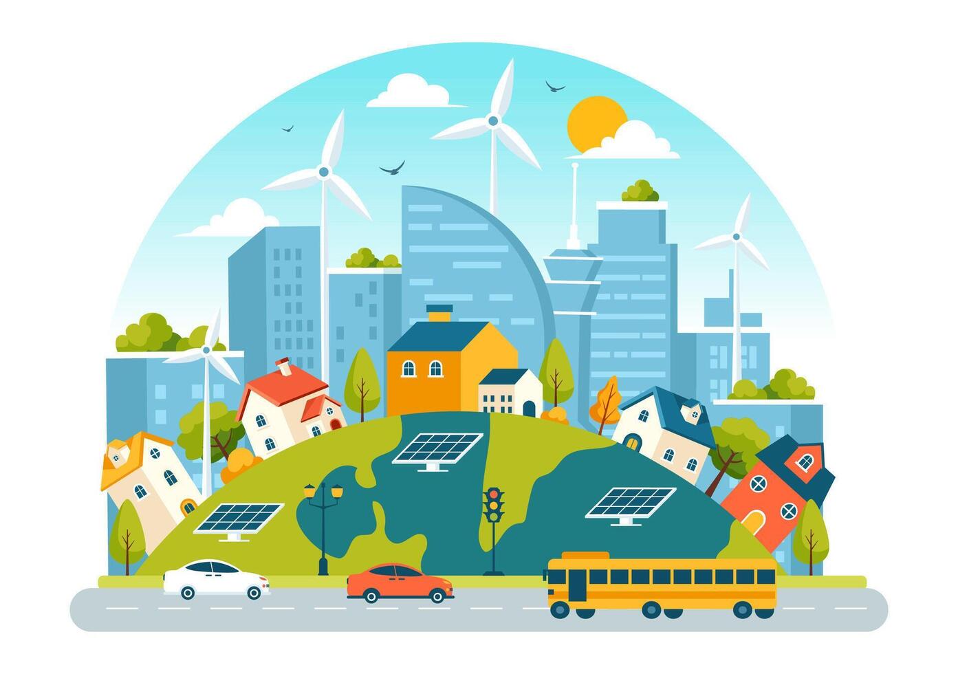 Urban Energy Efficiency Illustration with Solar Panels and Wind Turbines in a Green Environment vector
