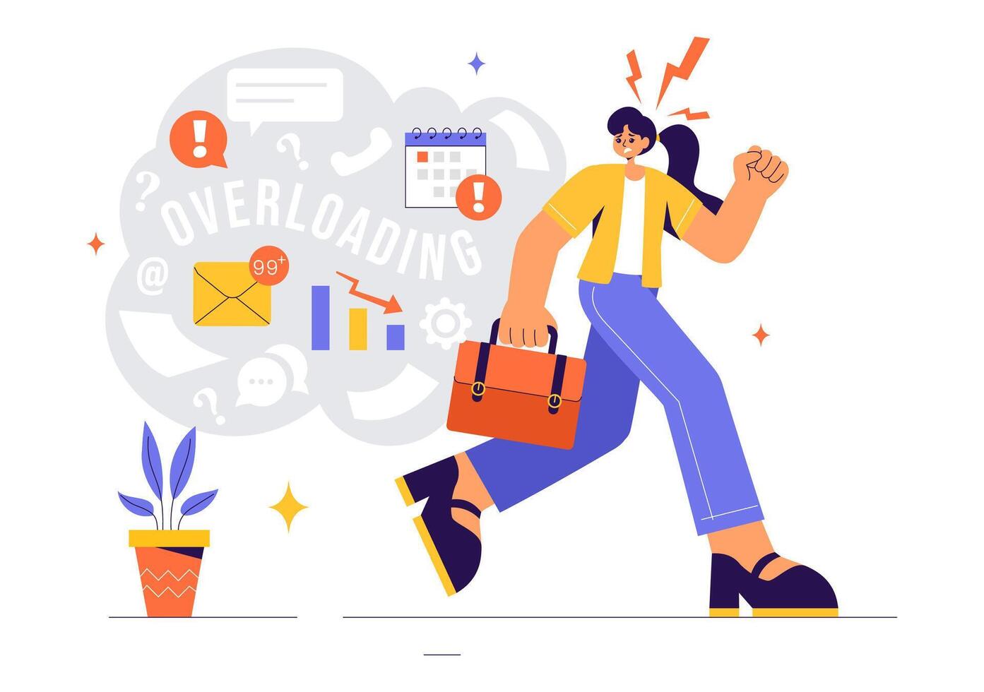 Multitasking Employee Illustration with Overloaded Tasks and Stacks of Documents in Flat Style vector