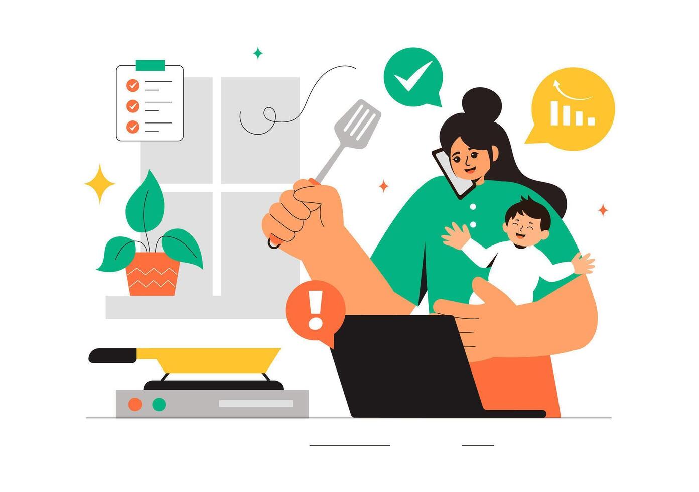 Mom's Multitasking Life Illustration with Career and Childcare at Home vector
