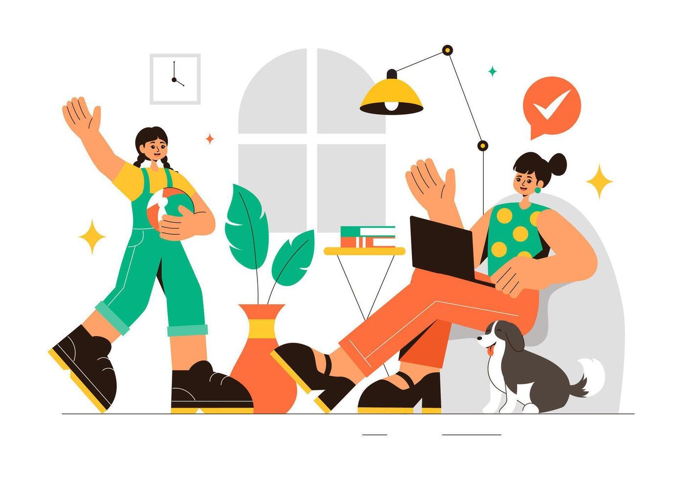 Illustration of a Working Mother Handling Job and Kids from Home in a Flat Cartoon Background vector