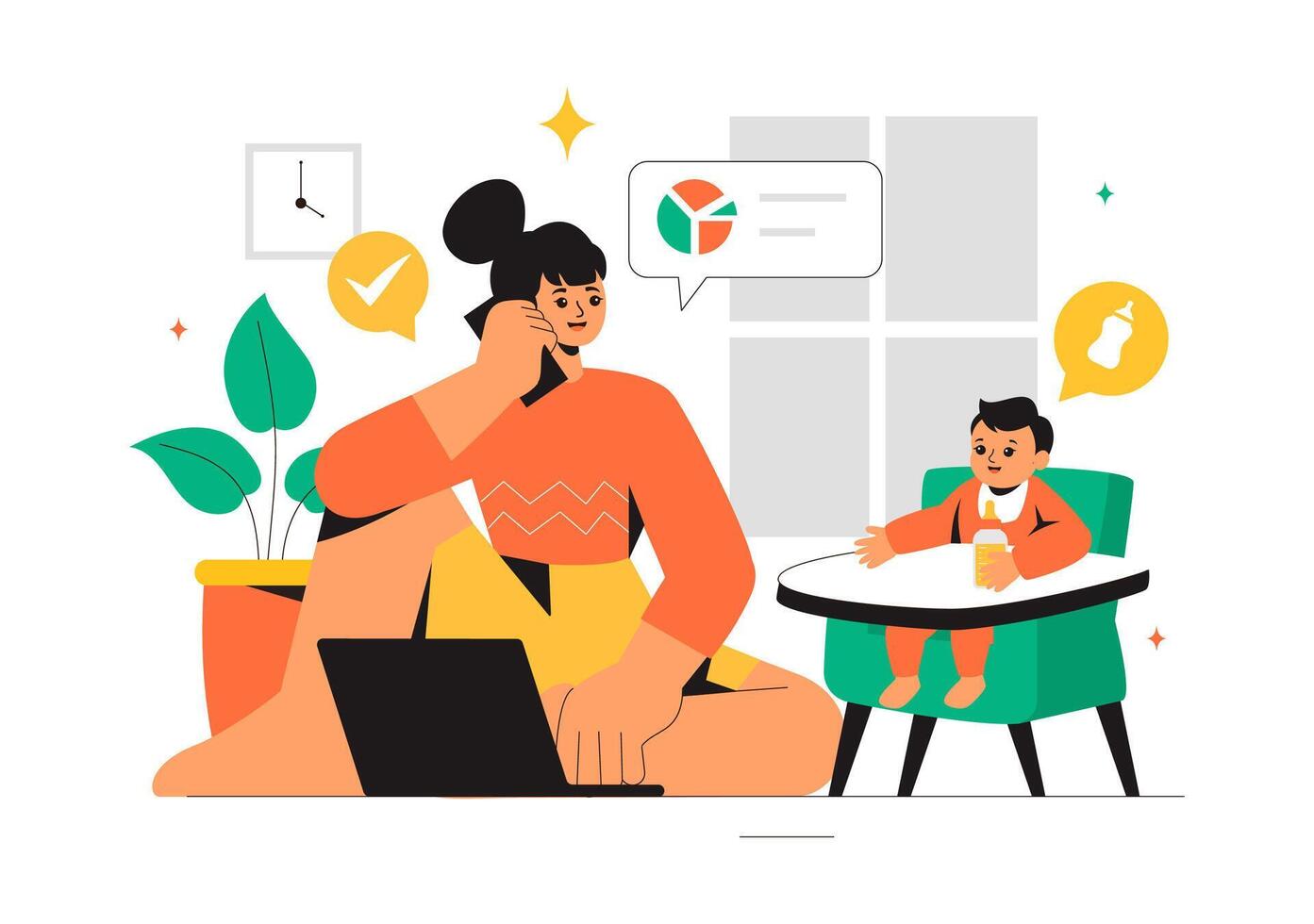 Flat Style Illustration of a Busy Mom Juggling Work and Kids at Home vector