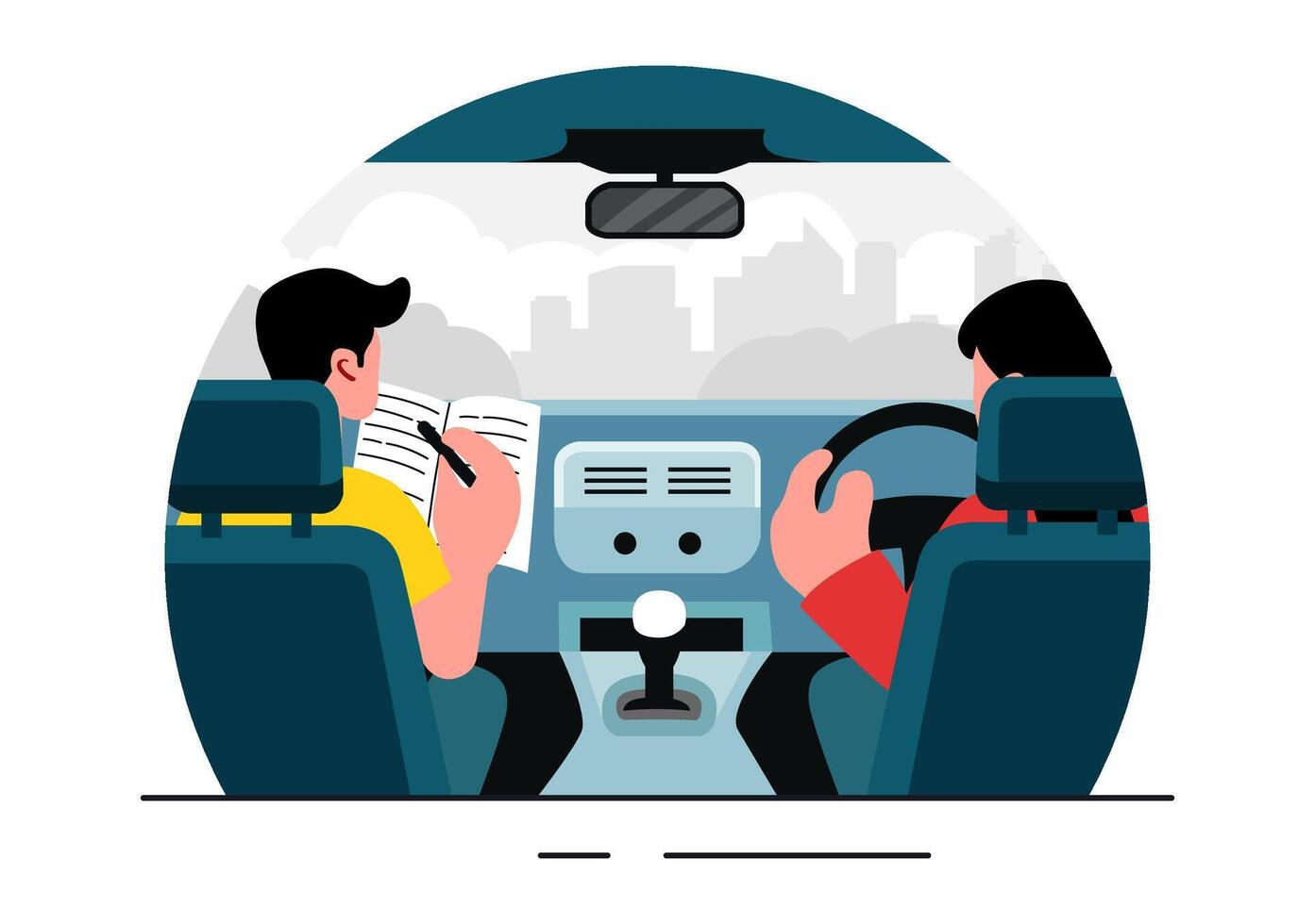 Driving Lesson Illustration with Instructor Teaching Road Safety for Driver's License in Cartoon Style vector