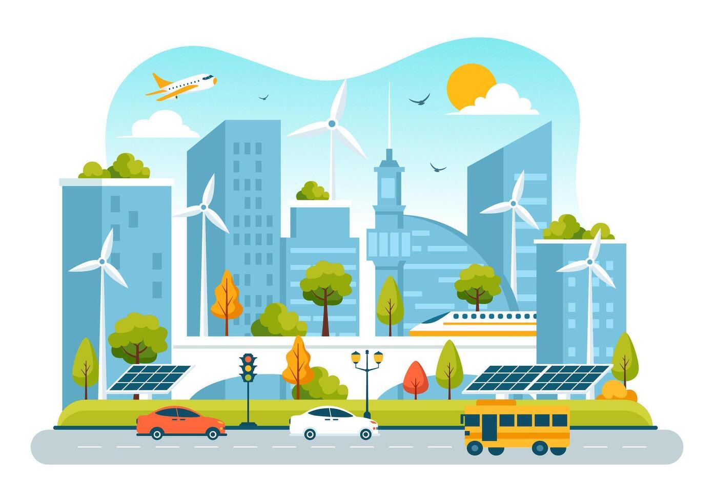 Green Energy Infrastructure Illustration with Solar Panels and Wind Turbines in Urban Environments vector