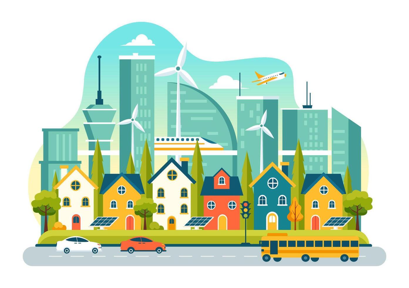 Renewable Energy in Urban City Illustration Featuring Solar and Wind Power for Sustainable Development vector