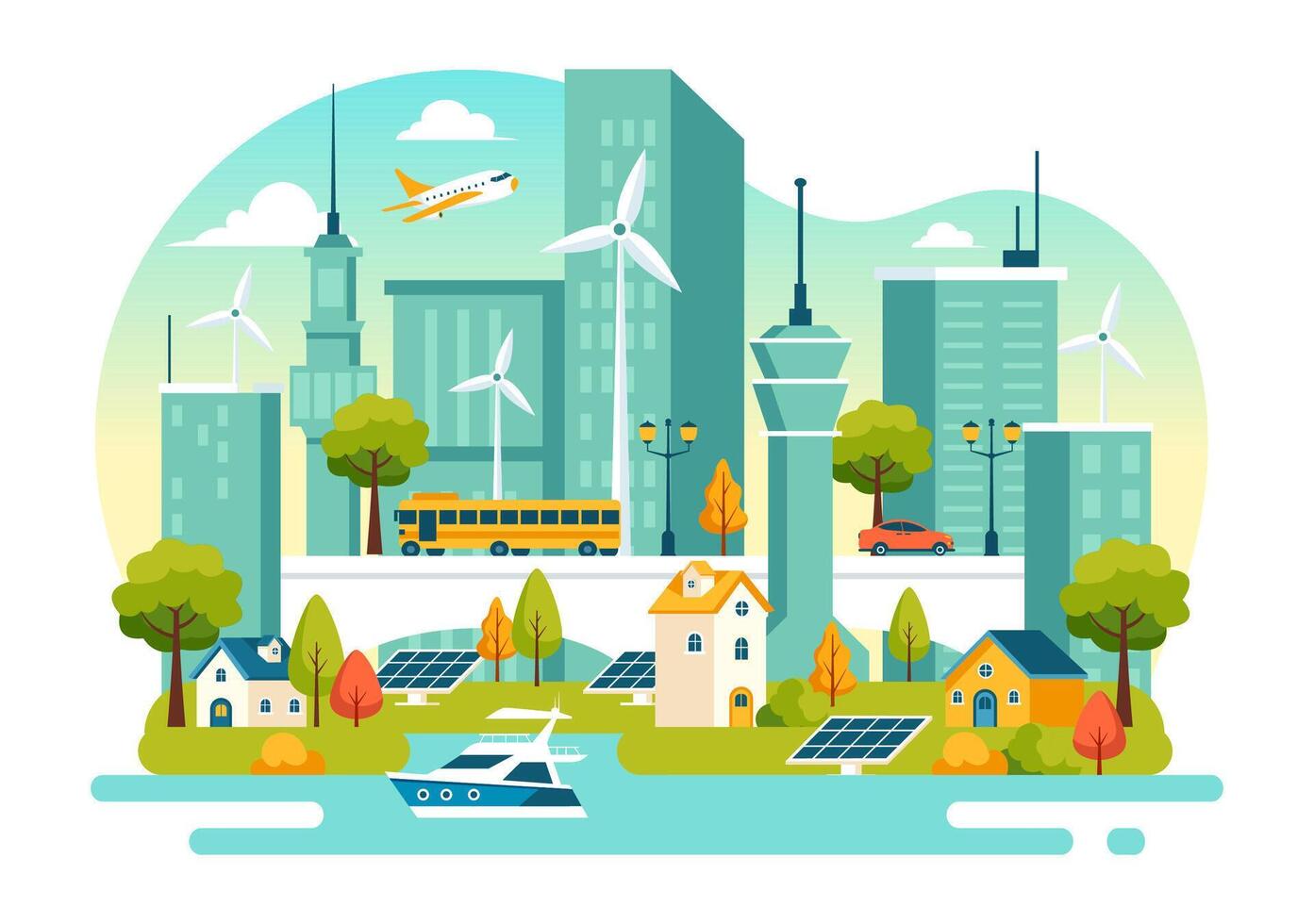 City Sustainability and Renewable Energy Illustration with Solar and Wind Power in Flat Design vector