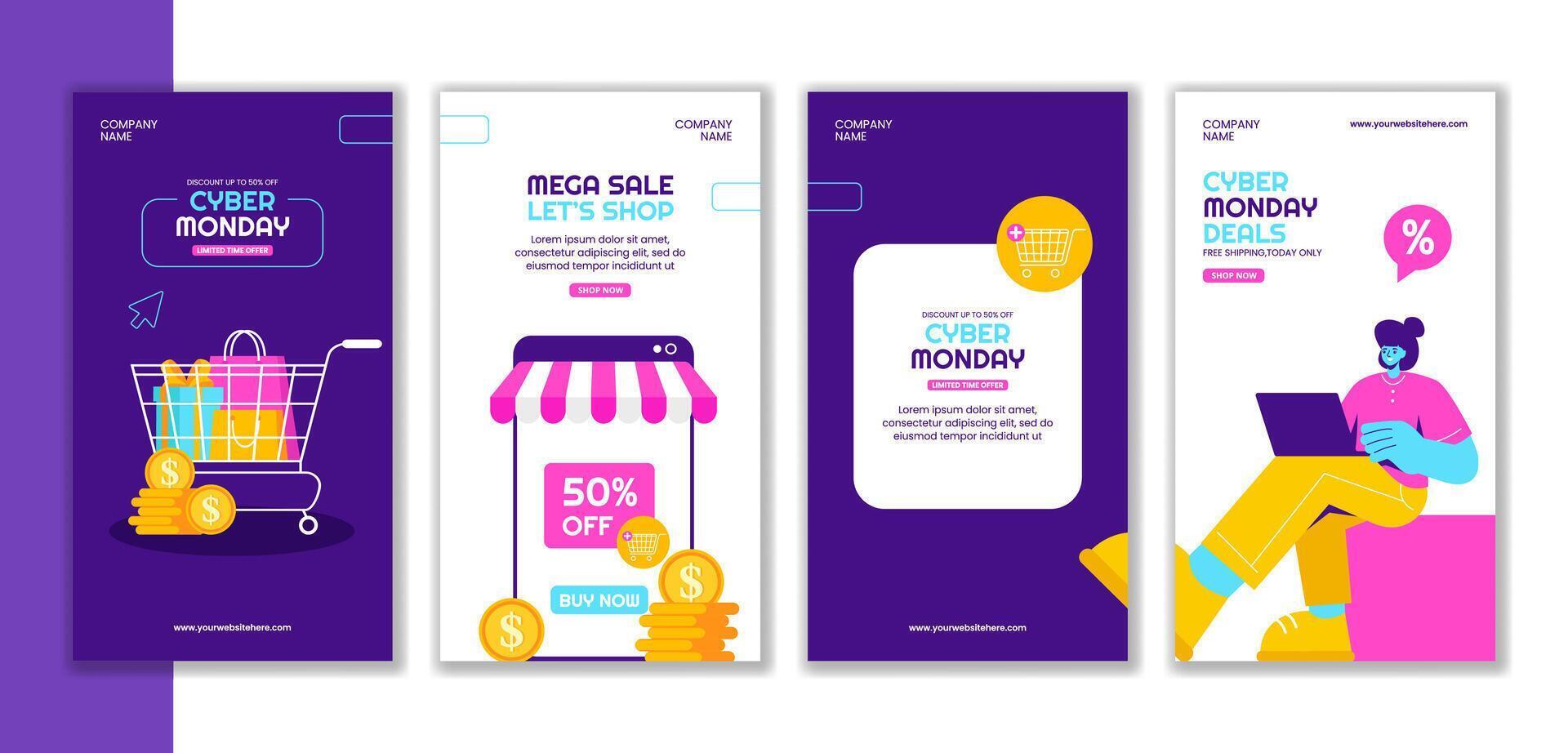Cyber Monday Sales Event Flat Cartoon Style Social Media Stories Background vector